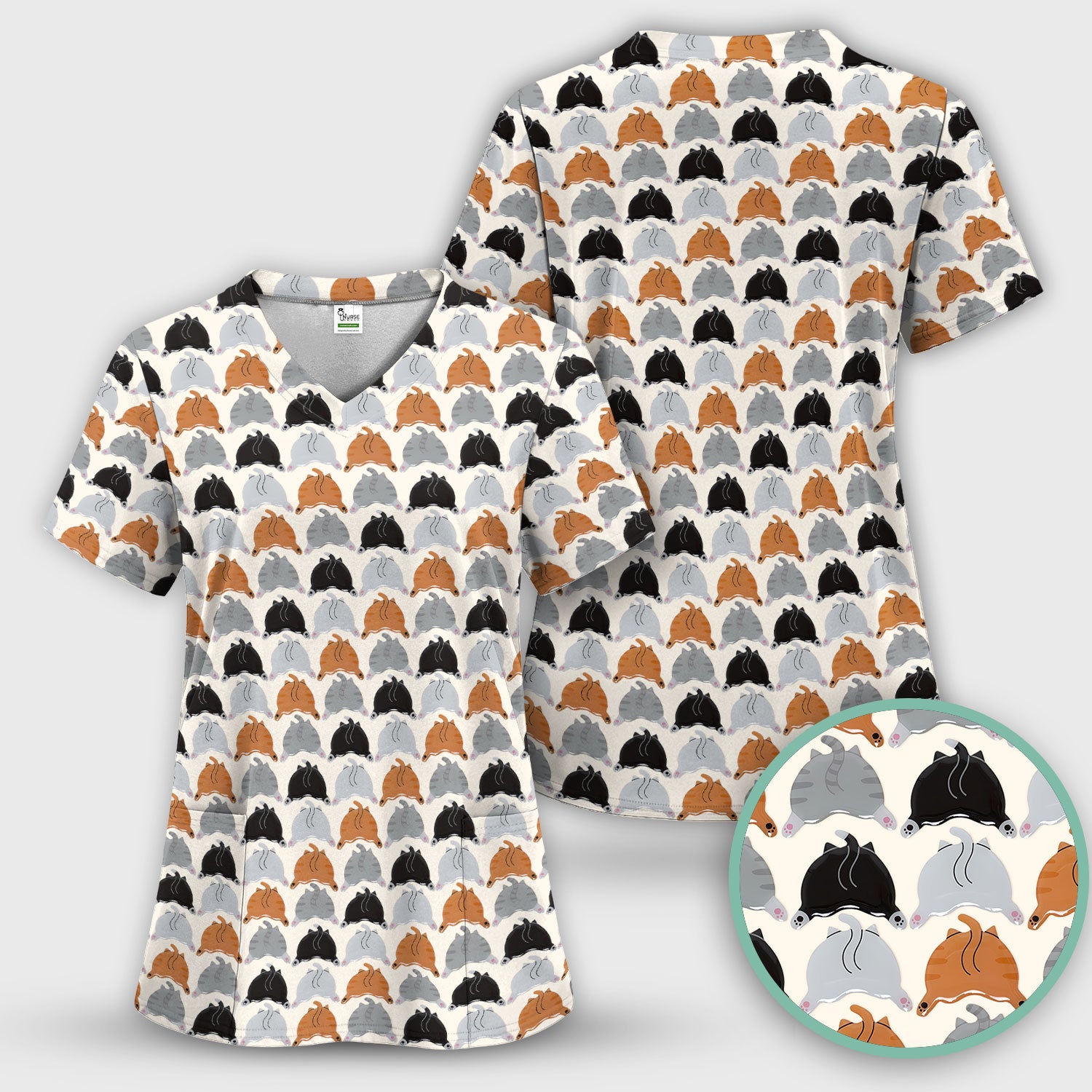 Playful Multicolor Cat Print Scrub Top, Breathable Fabrics Nursing Uniform