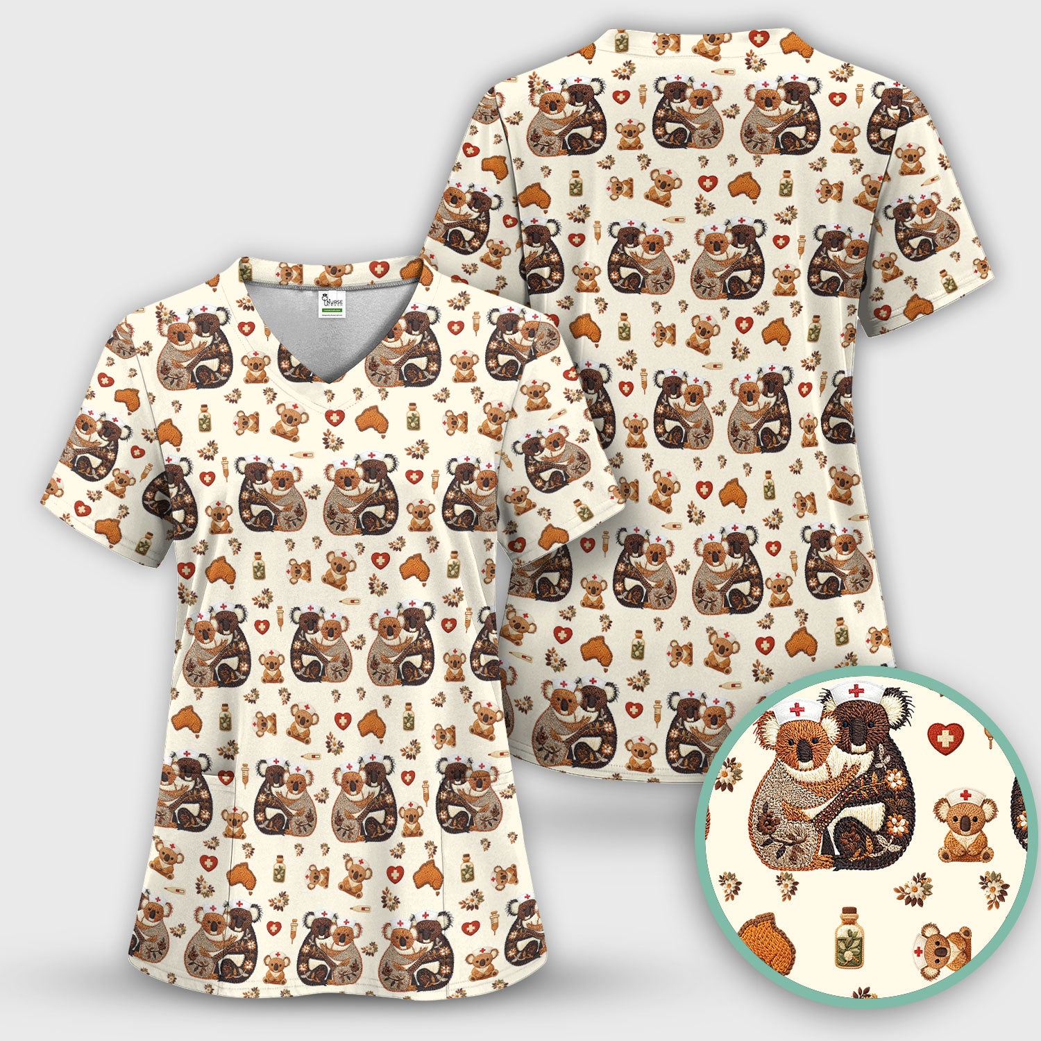Cute Cartoon Koala Valentine Nurse Design Scrub Top, Breathable Fabrics Nursing Uniform