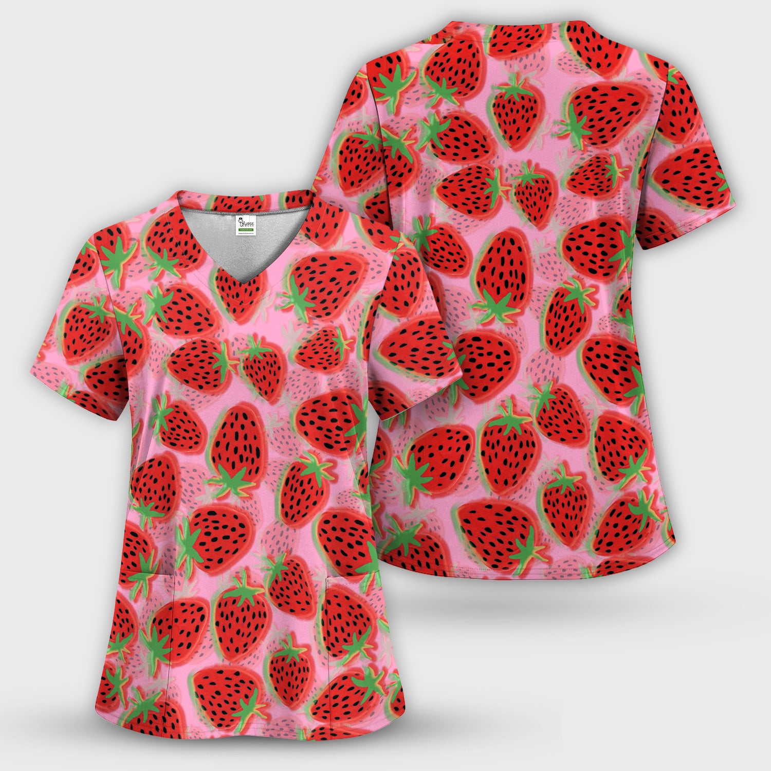 Pink Strawberry Pattern Scrub Set, Scrub Pants and V Neck Top