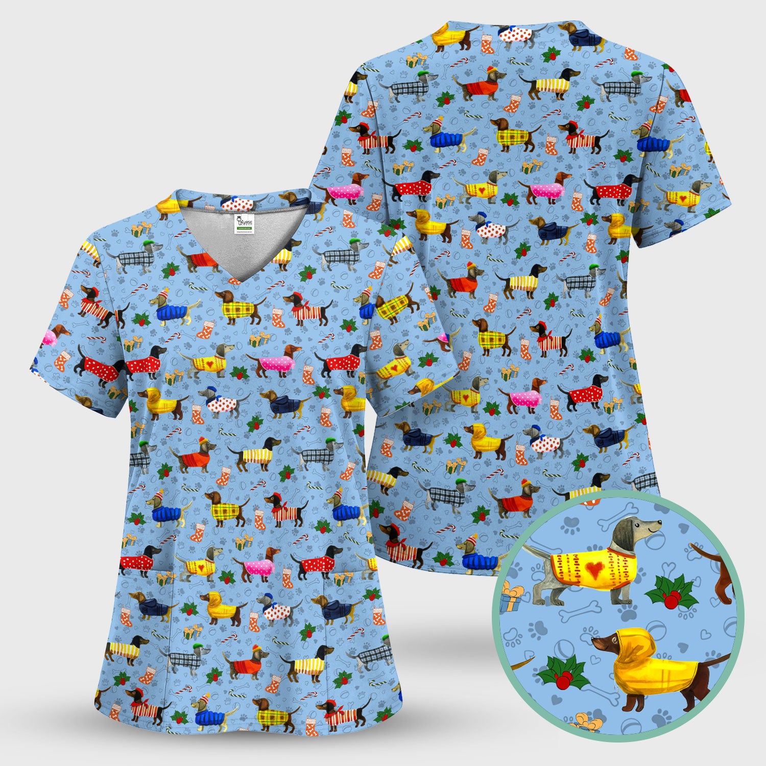 Wiener Dog Med Scrubs - Comfortable Scrub Tops for Women - Doxies with Paw Prints Nurse Uniform - Christmas Gift for LPN RN CNA
