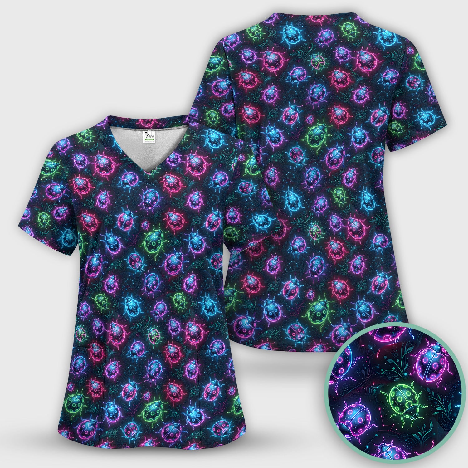 Colorful Neon Ladybug Pattern Scrub Top, Comfortable Scrubs for Nurses
