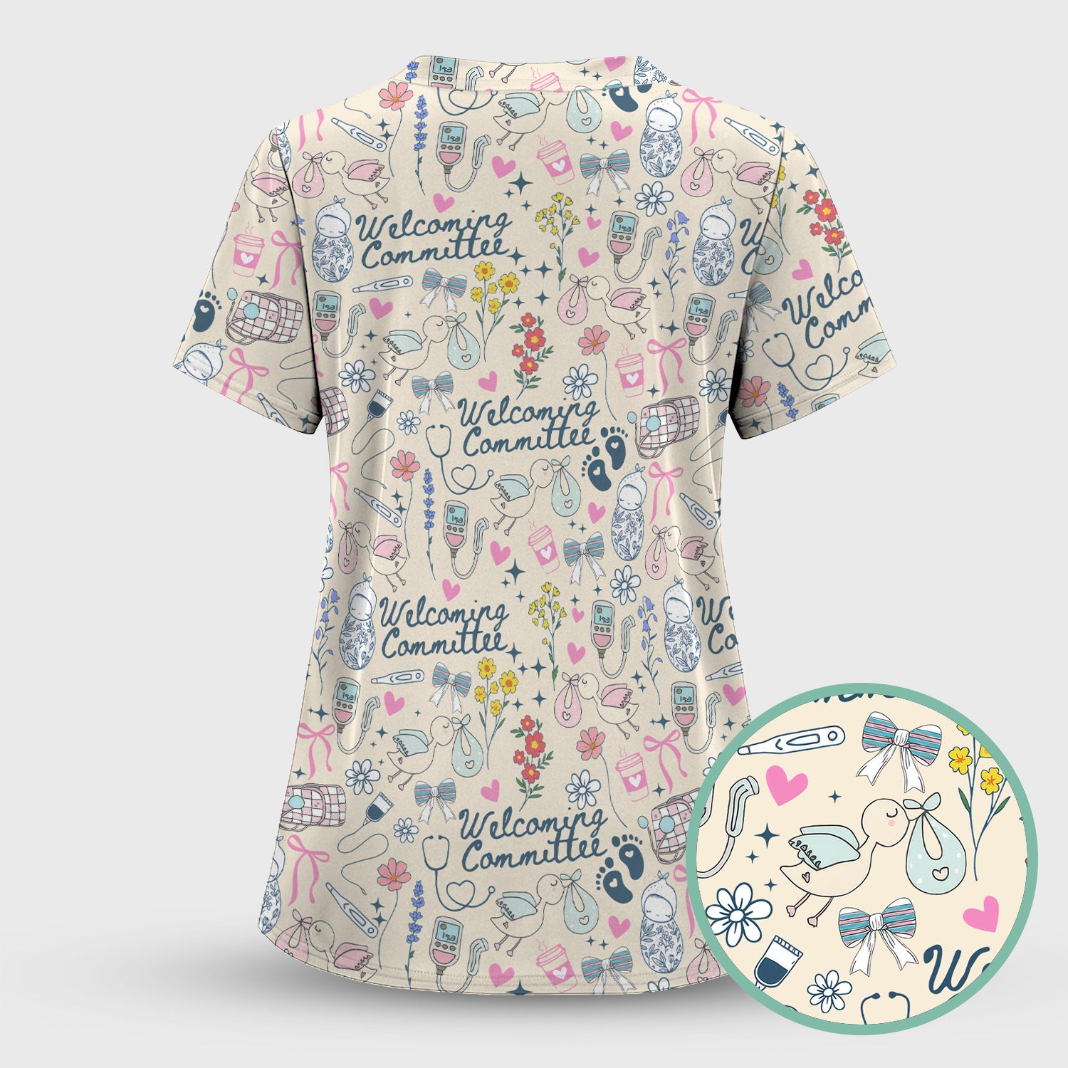 Funny NICU Nurse Tee - Cute Baby Feet & Floral Stork Pattern Graphic - Gift for Women RN LPN