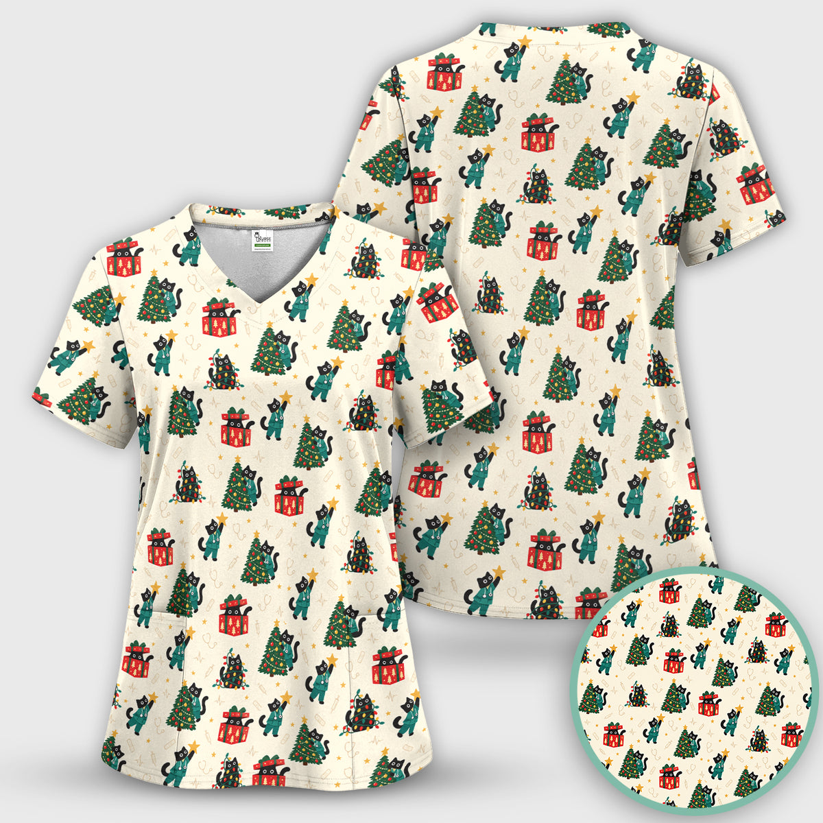 Christmas Black Nurse Cats And Trees Scrub Set, Scrub Pants and V Neck Top