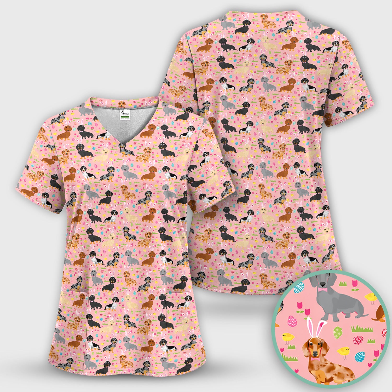 Easter Dachshund Dog Pattern Scrub Top, Comfortable Scrubs for Nurses