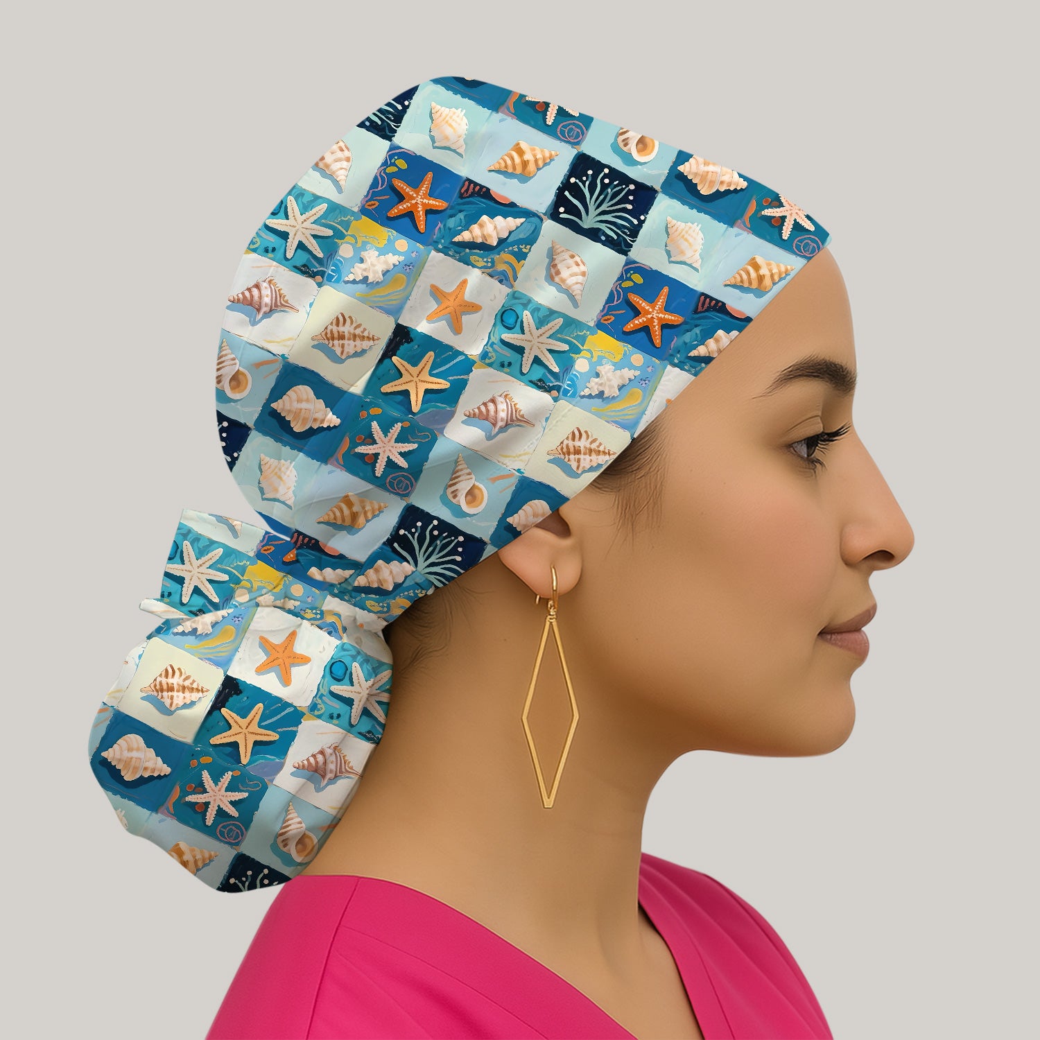 Cute Seashell Starfish Ocean Tile Pattern Nurse Scrub Cap, Surgical Caps for Doctors