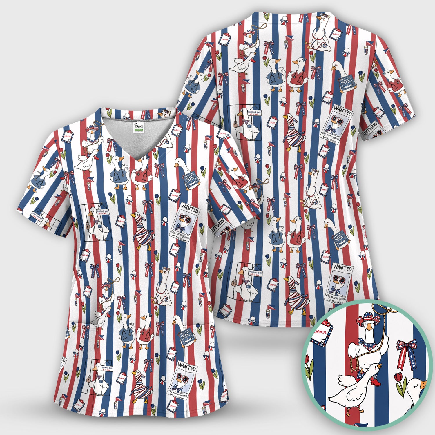 Funny Patriotic Goose Nurse Pattern Scrub Top, Comfortable Scrubs for Nurses