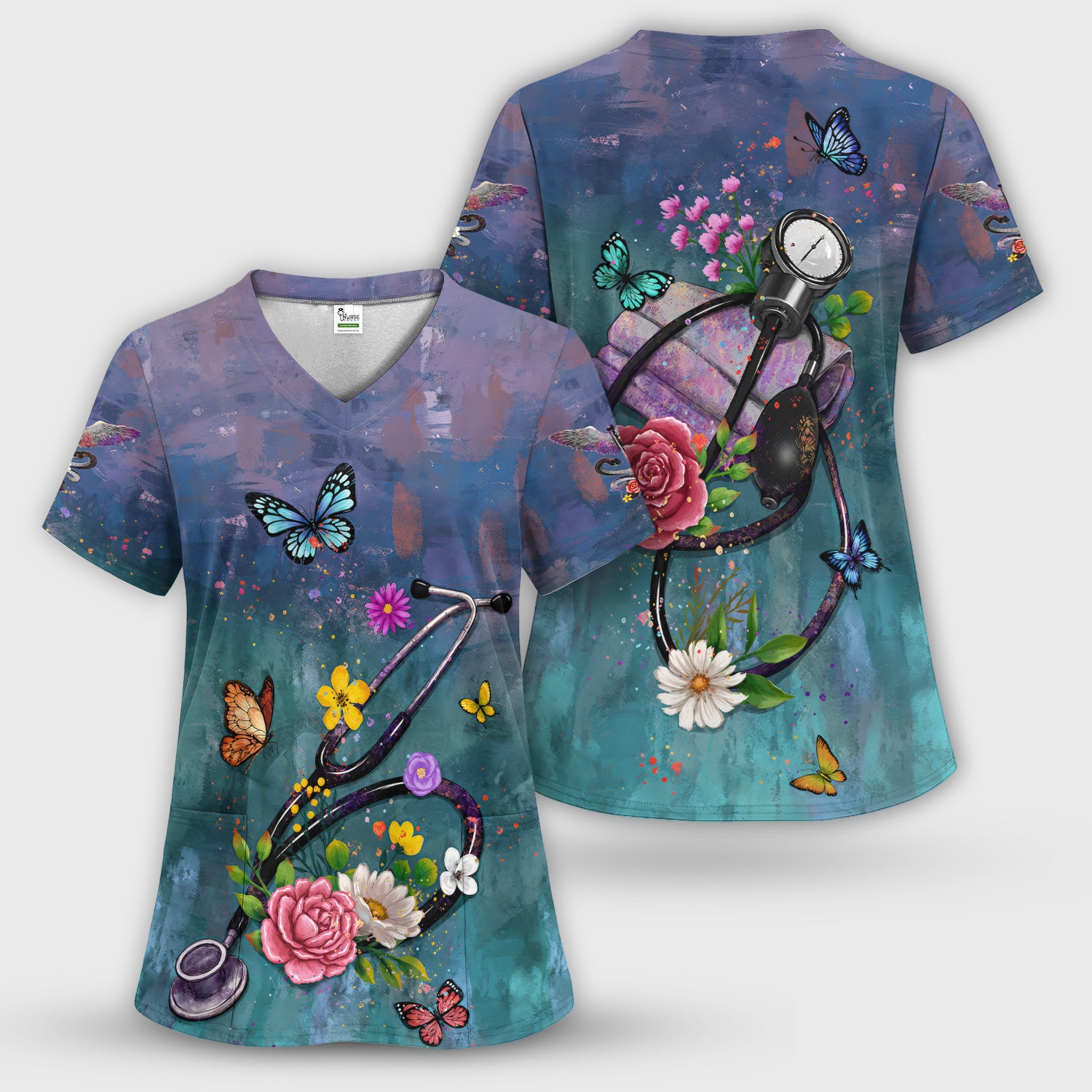Floral Stethoscope Nurse Pattern Scrub Set, Scrub Pants and V Neck Top