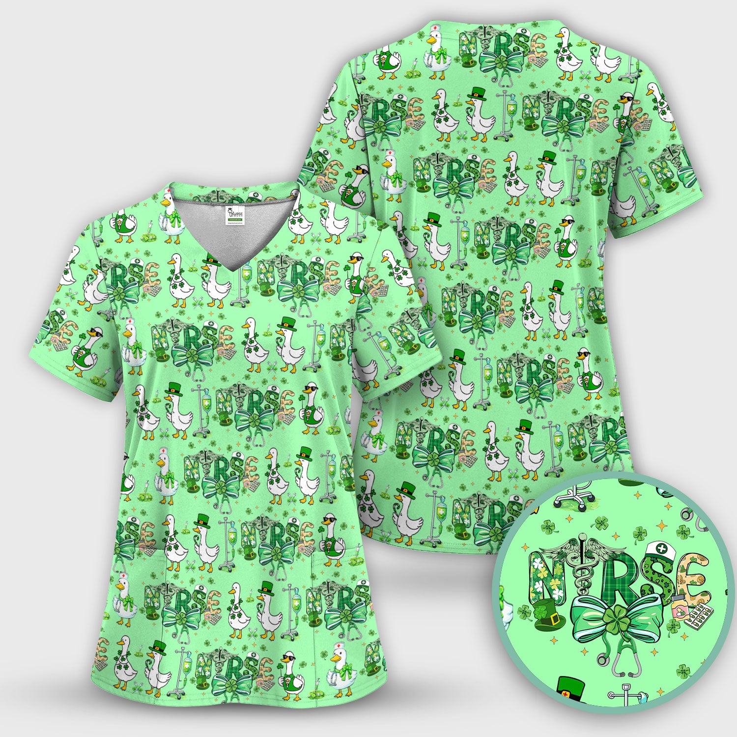 Funny Goose Nurse Shamrock Scrub Set, St. Patrick’s Day Nurse Pattern Shirt, Breathable Fabrics Nursing Uniform