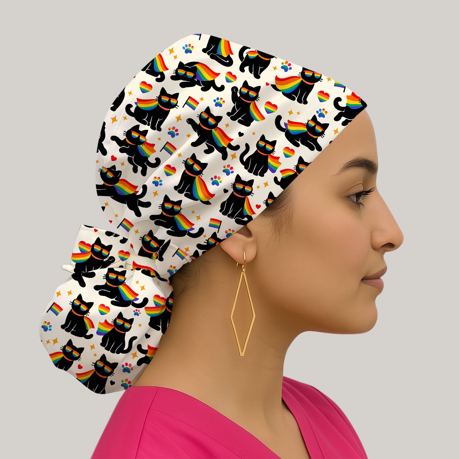 Rainbow Black Cat Pride Pattern Scrub Cap, Surgical Caps for Doctors