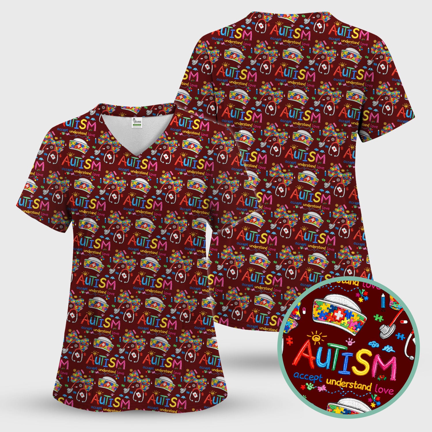 Autism Awareness Pattern Nurse Scrub Top, Accept Understand Love Puzzle Nurses Shirt, Breathable Fabrics Nursing Uniform