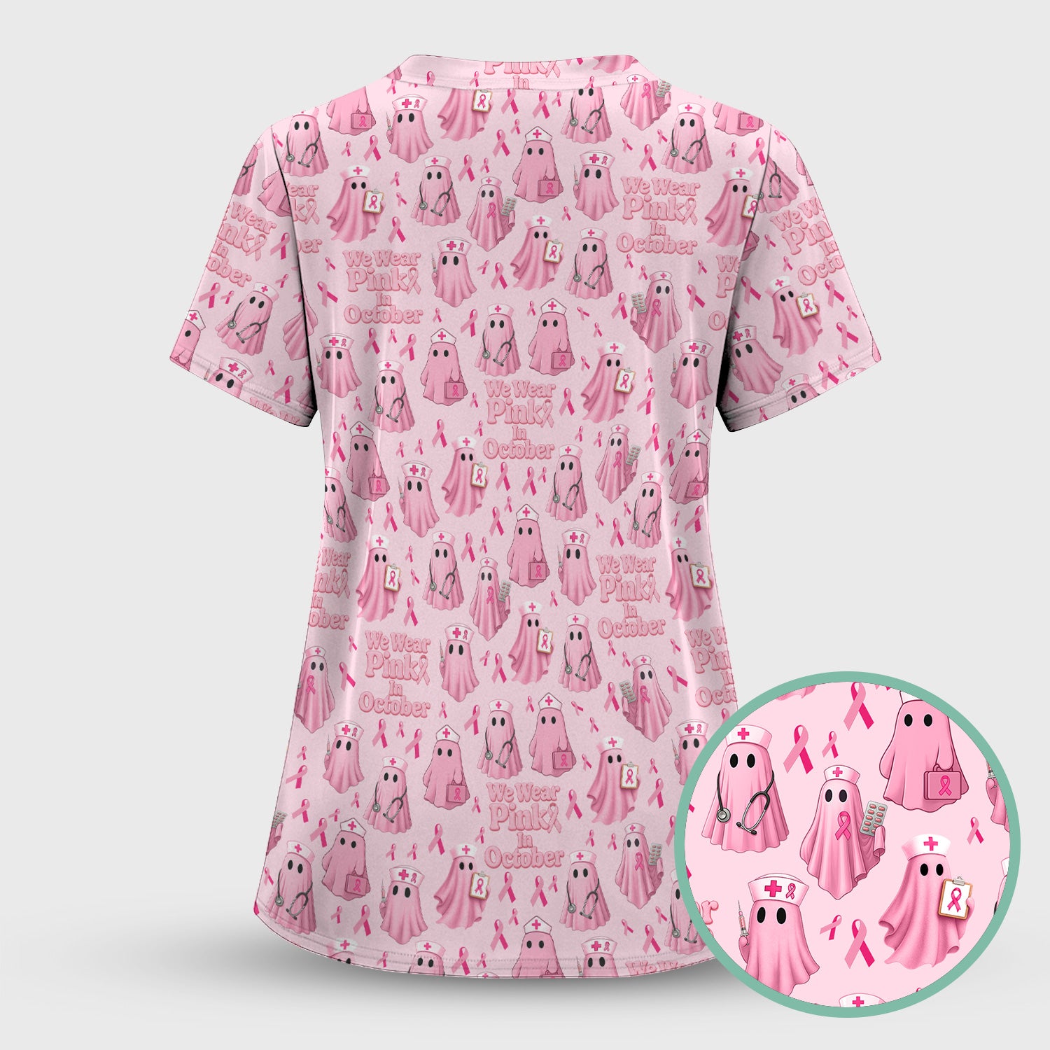 Funny Breast Cancer Awareness Scrub Top - We Wear Pink In October & Ghost Nurse Design - Gift for RN LPN CNA