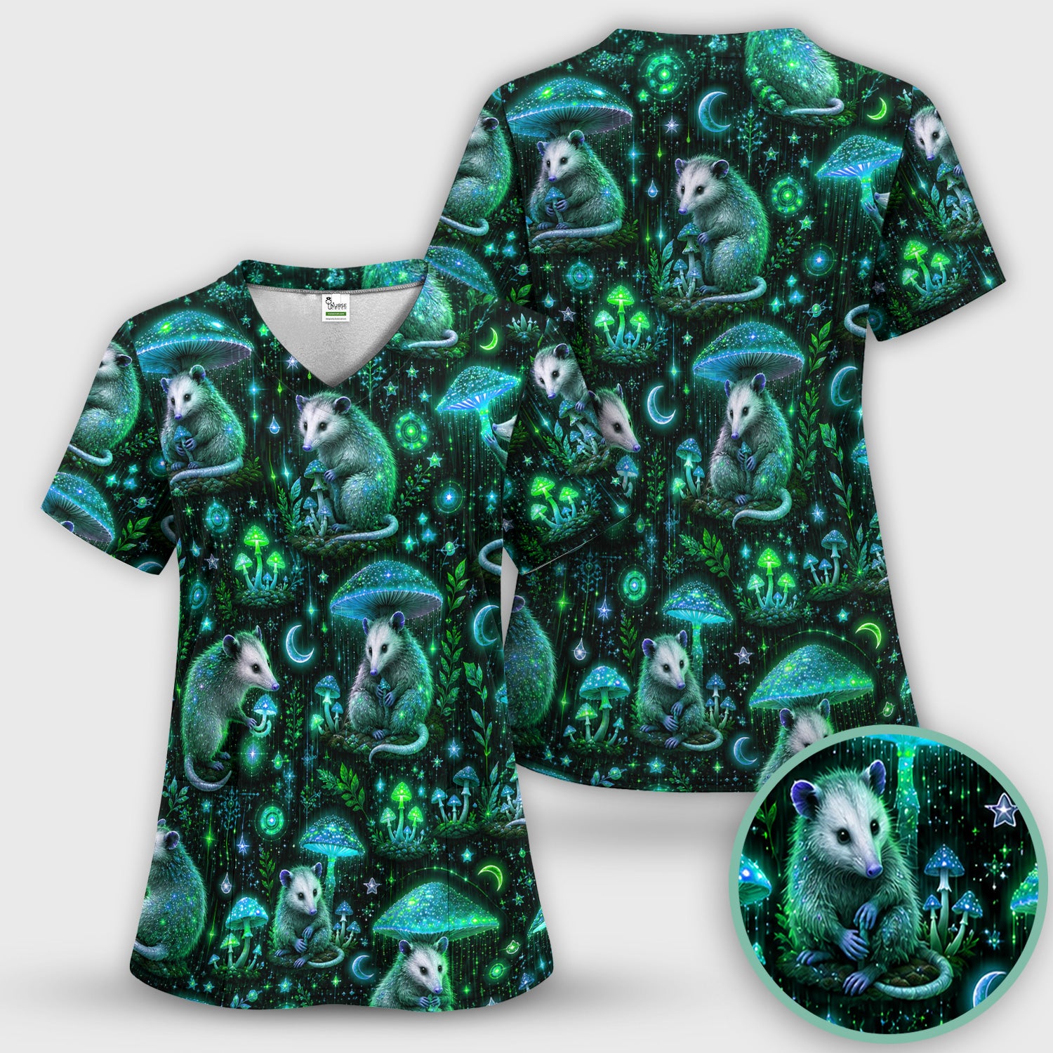 Moonlit Opossum Mushroom Pattern Scrub Set, Scrub Pants and V Neck Top