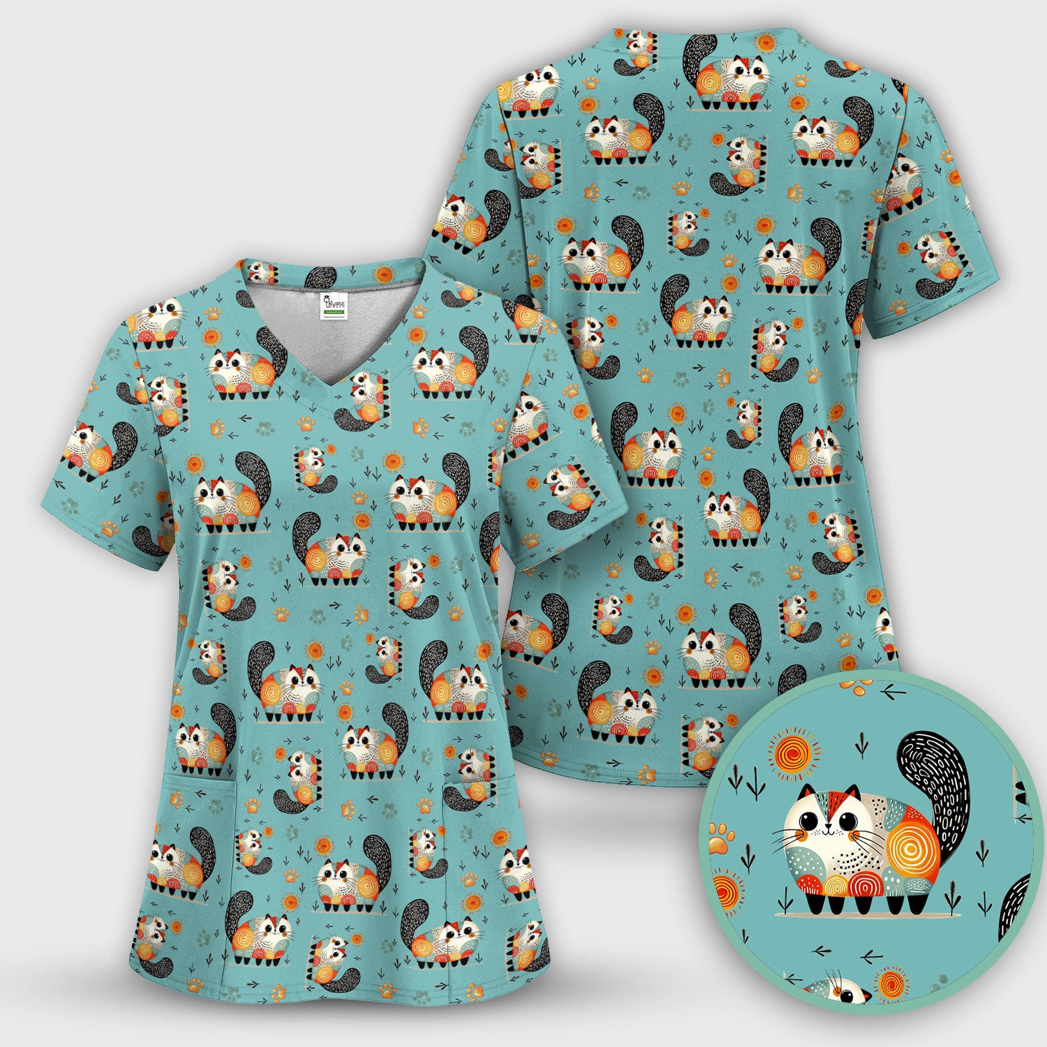 Playful Cat Illustration Nurse Scrub Top, Comfortable Scrubs for Nurses