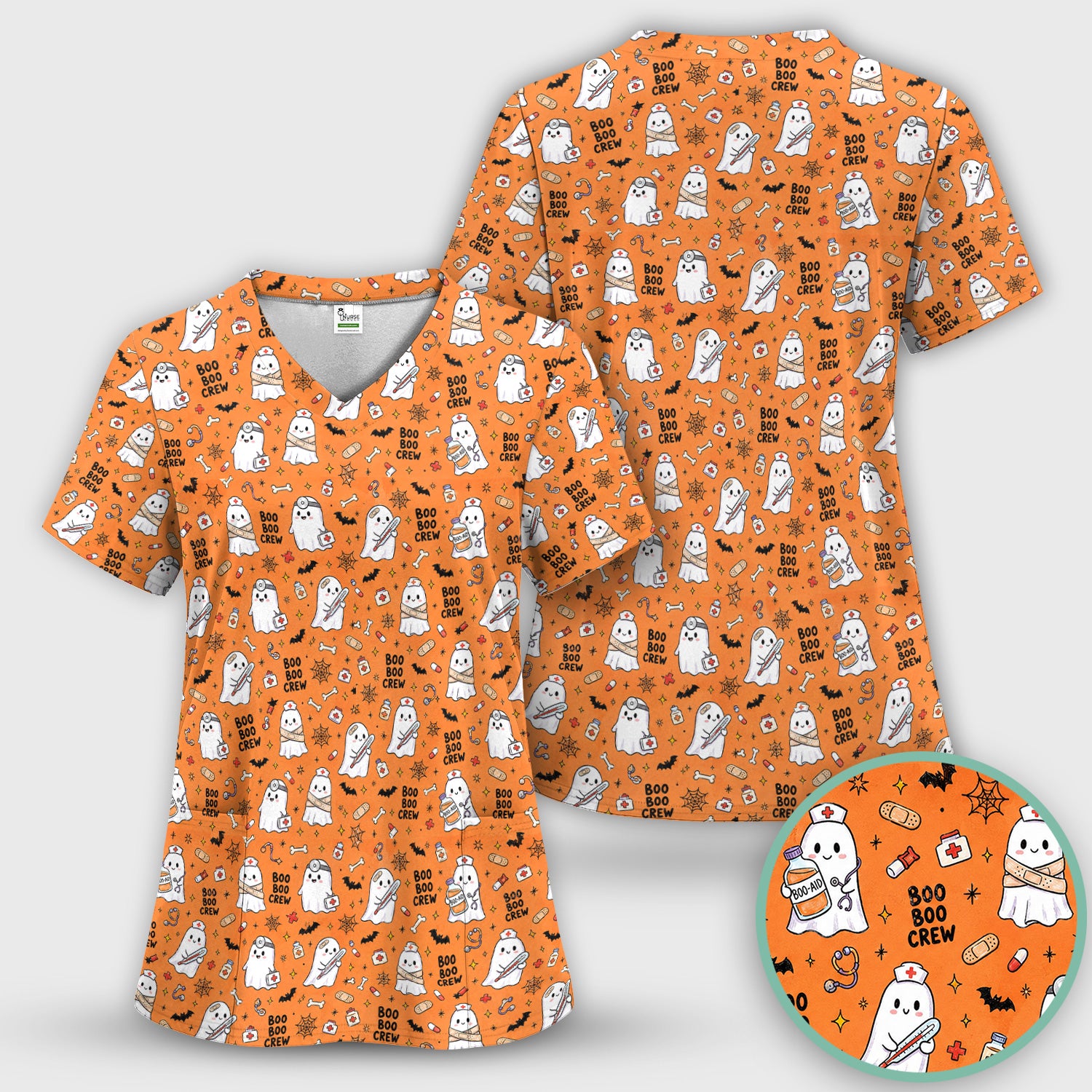 Cute Halloween Boo Boo Crew Ghost Scrub Set, Scrub Pants and V Neck Top
