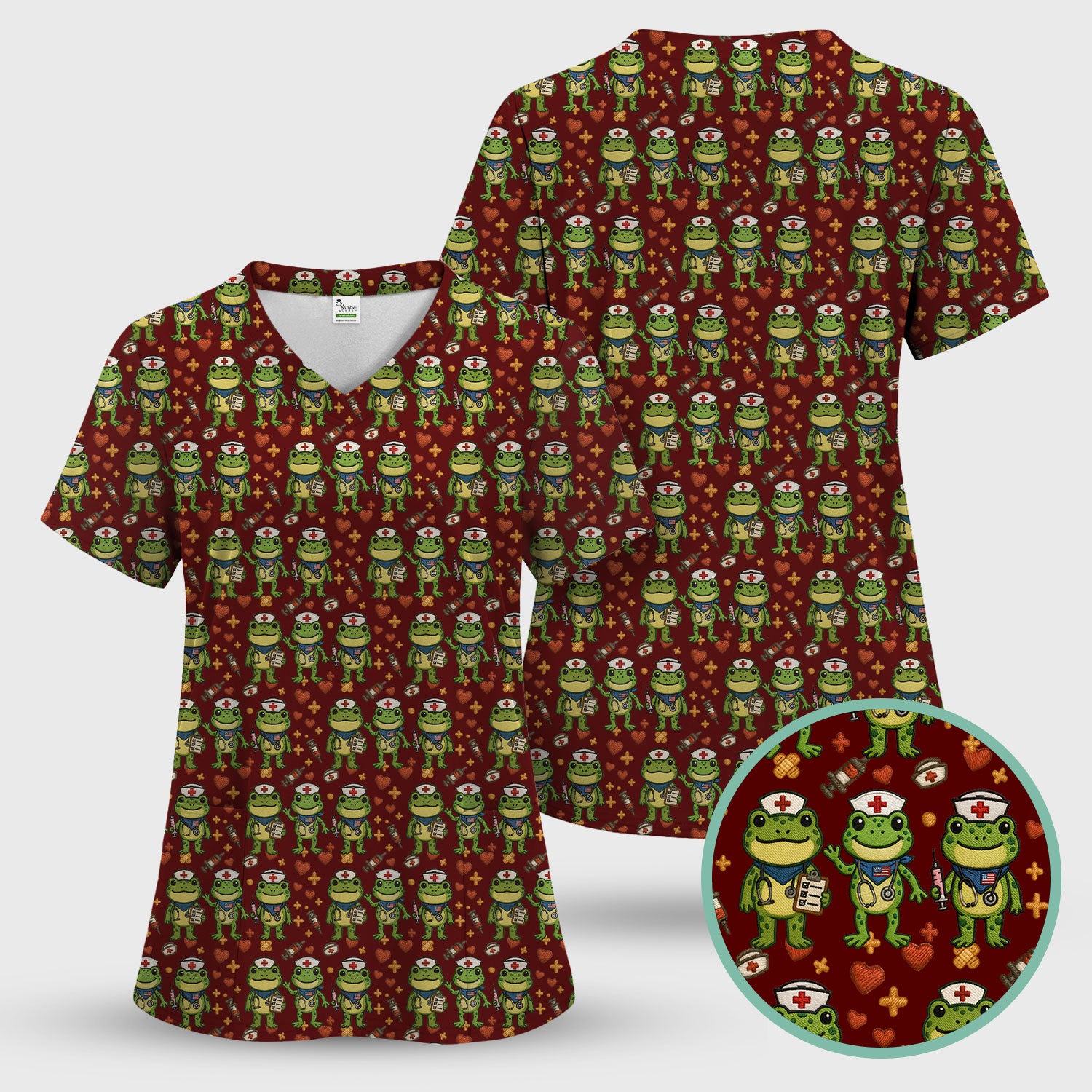 Frog Pattern Scrub Top, Cute Frog Scrub Shirt, Breathable Fabrics Nursing Uniform