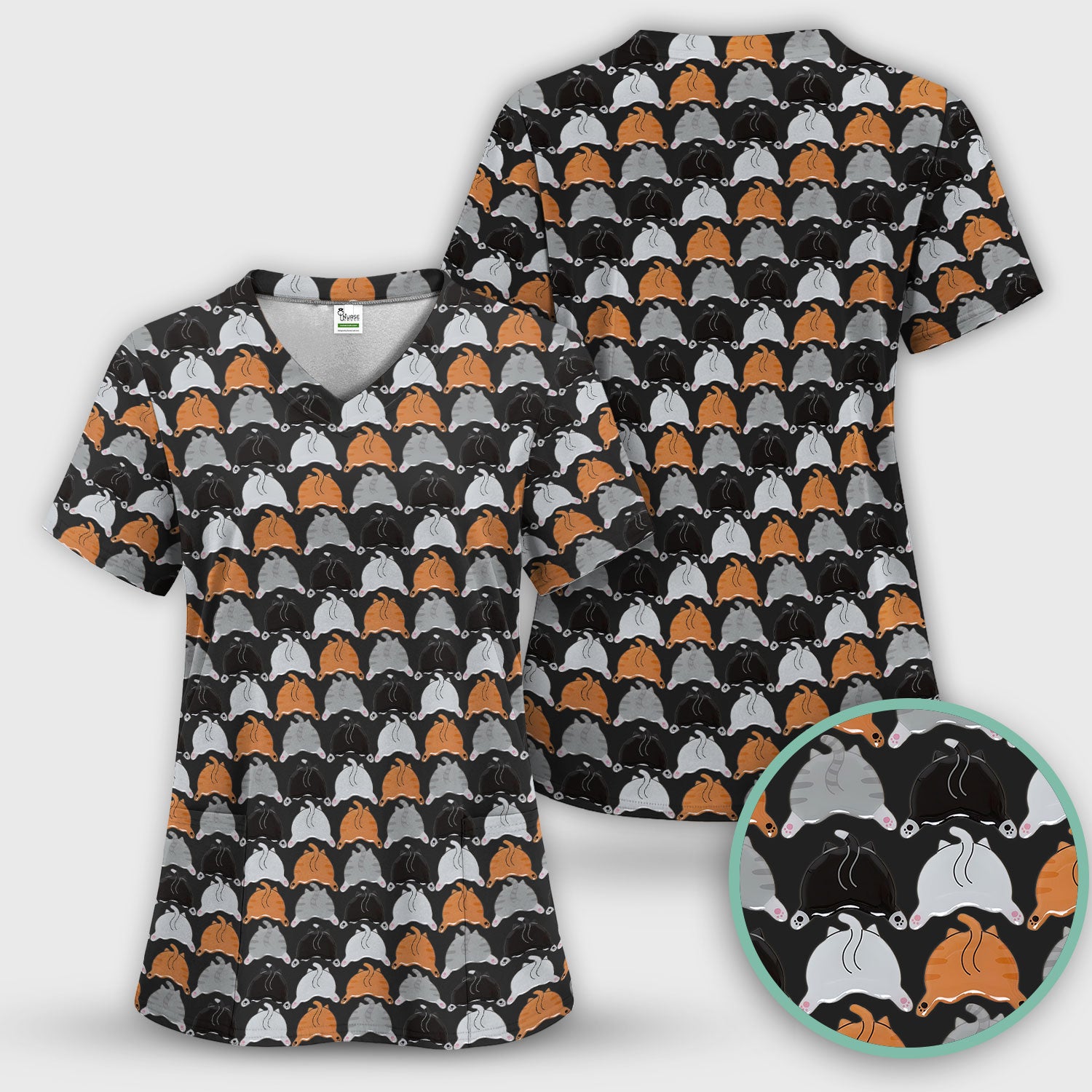 Playful Multicolor Cat Print Scrub Top, Breathable Fabrics Nursing Uniform