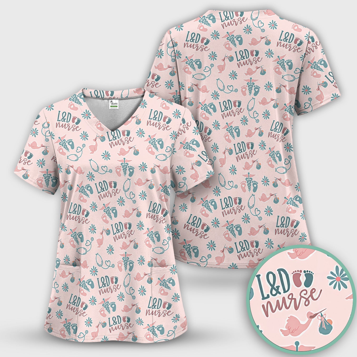 Cute Labor and Delivery Print V Neck Nursing Scrub Top Medical Uniform