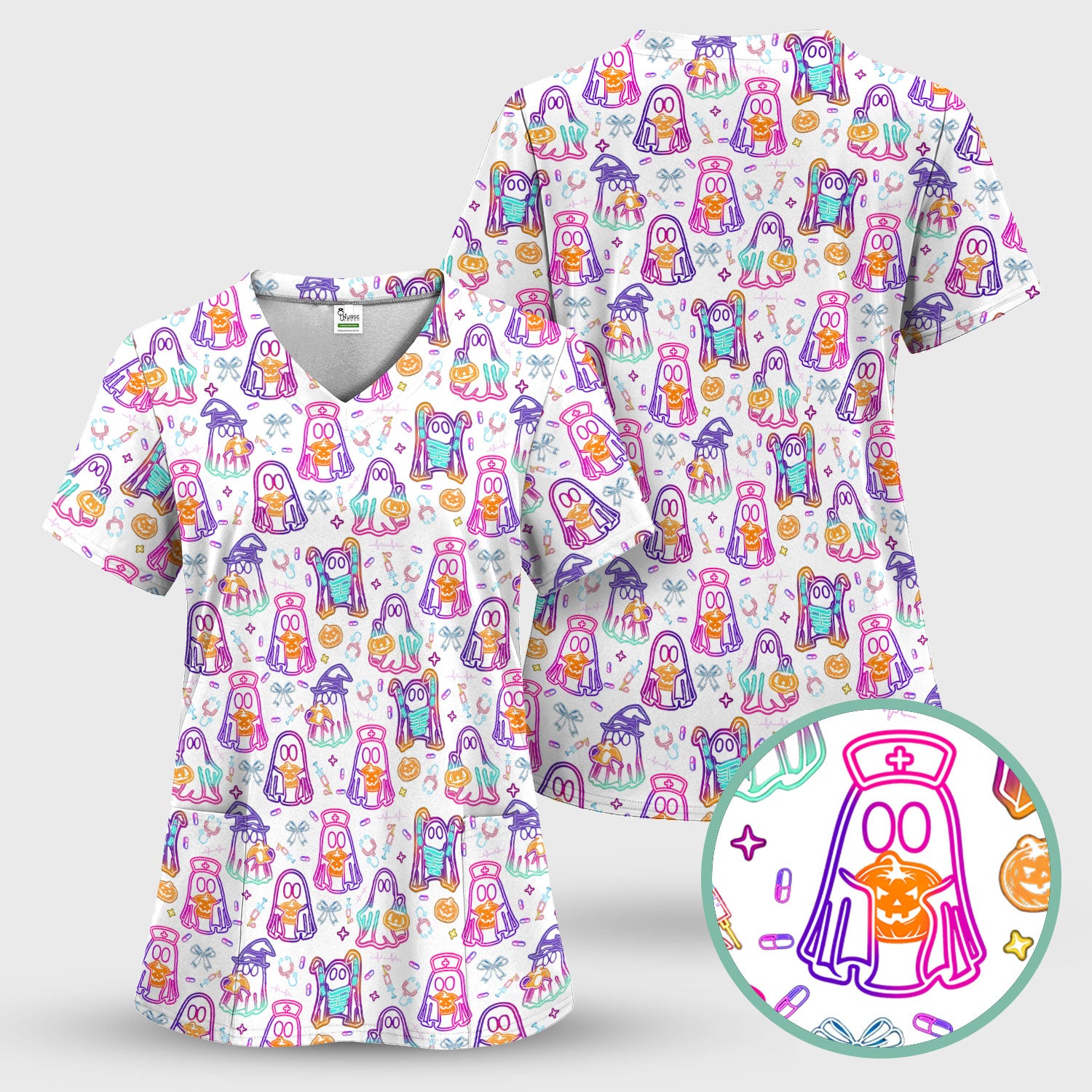 Halloween Nurse Scrub Top for Women - Cute Neon Ghost Medical Uniform - Funny Spooky Nursing Shirt RN CNA LPN Gift
