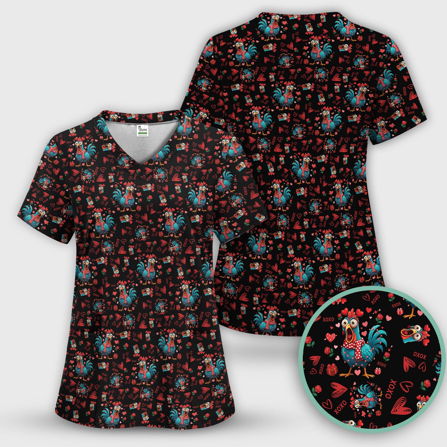 Funny Rooster Valentine Scrub Top, Cute Chicken XOXO Heart Pattern Nurse Shirt, Breathable Fabrics Nursing Uniform