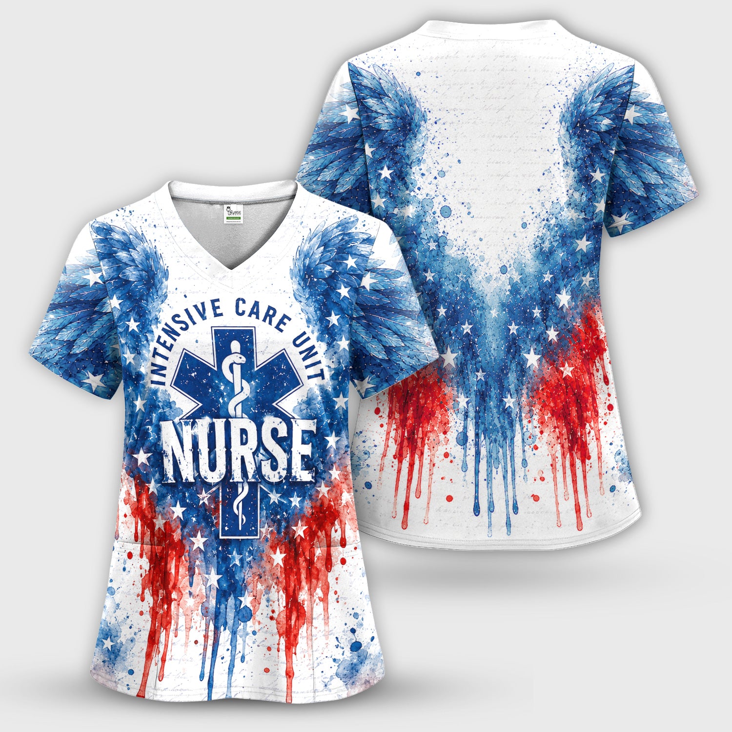 Patriotic Nurse Angel Wings Print Scrub Set, Scrub Pants and V Neck Top