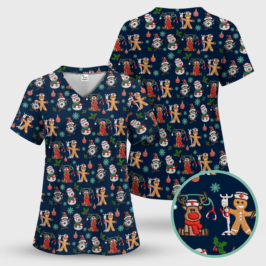Reindeer Xmas Scrubs for Women - Gingerbread Cookies Shirts - Comfortable Scrubs for Nurses - Breathable Nursing Uniform