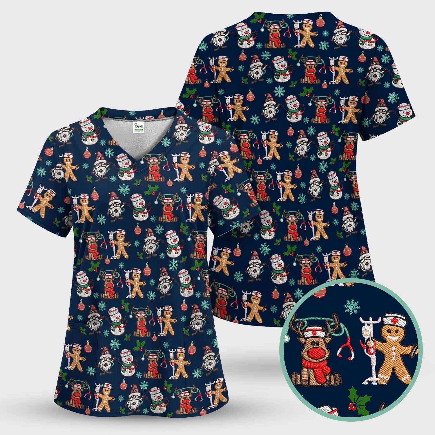 Reindeer Xmas Scrubs for Women - Gingerbread Cookies Shirts - Comfortable Scrubs for Nurses - Breathable Nursing Uniform