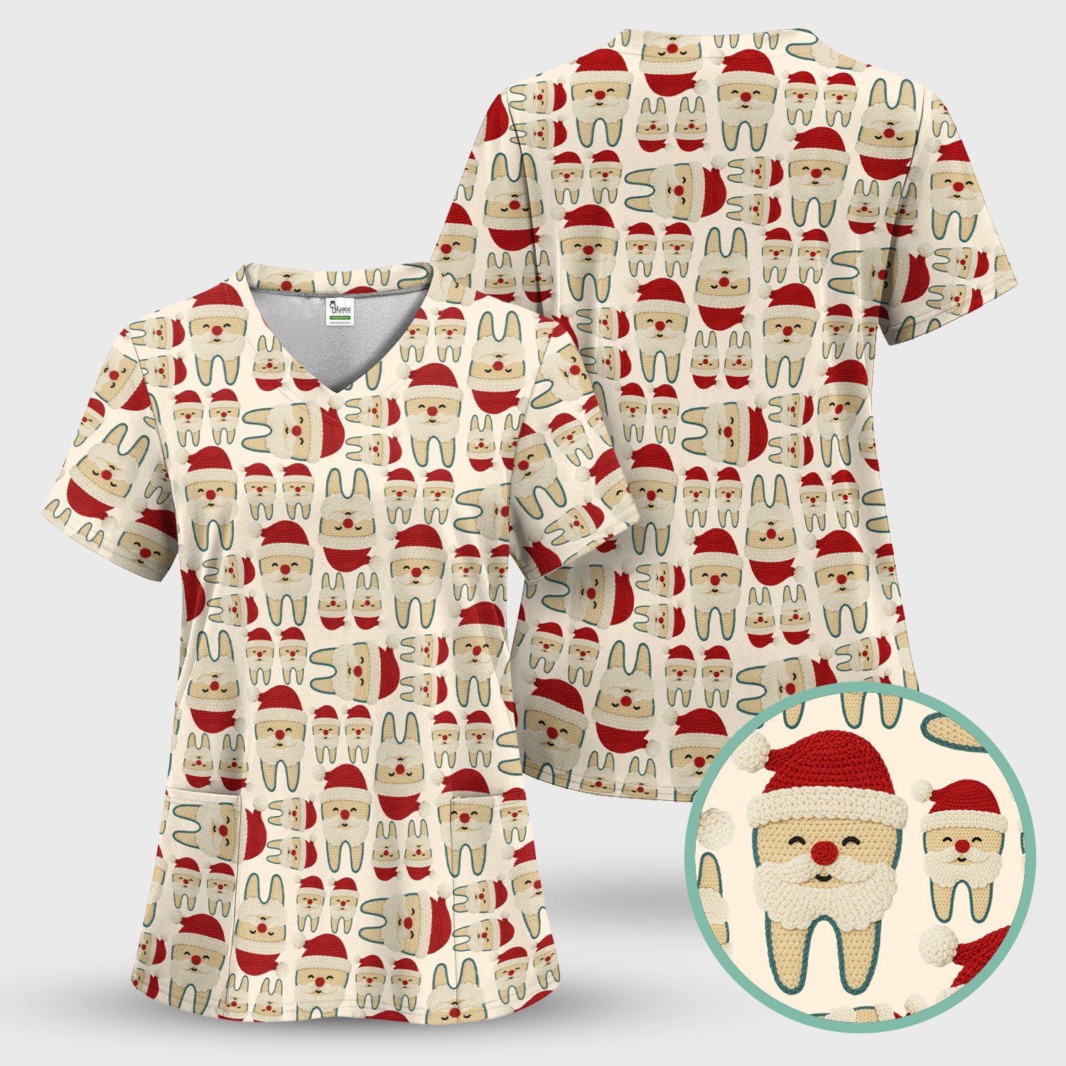 Christmas Tooth Scrub Top - Cute Santa Tooth Pattern for Dentists & Hygienists - Crochet Style Holiday Medical Uniform for Women