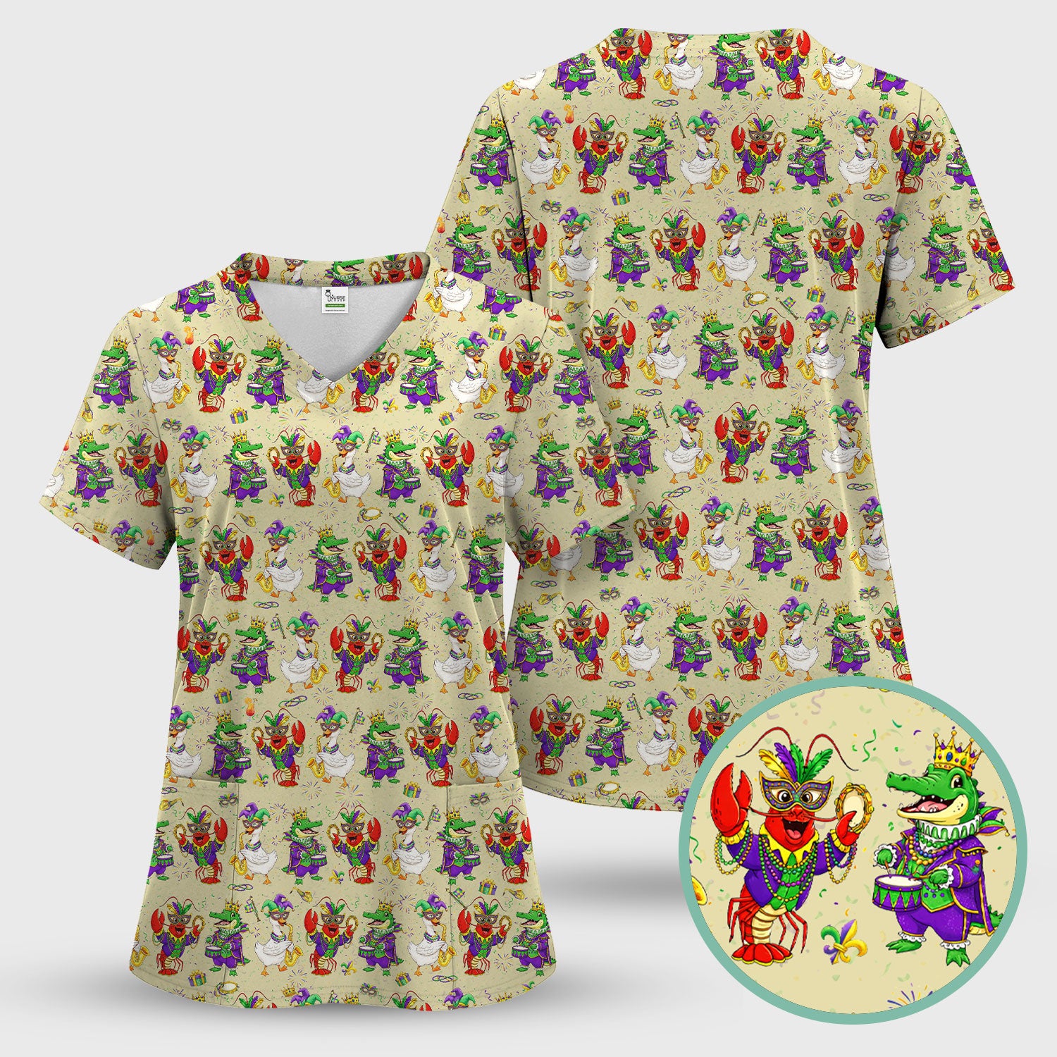 Crawfish And Duck Carnival Scrub Top, Mardi Gras Parade Pattern Nurse Shirt, Breathable Fabrics Nursing Uniform