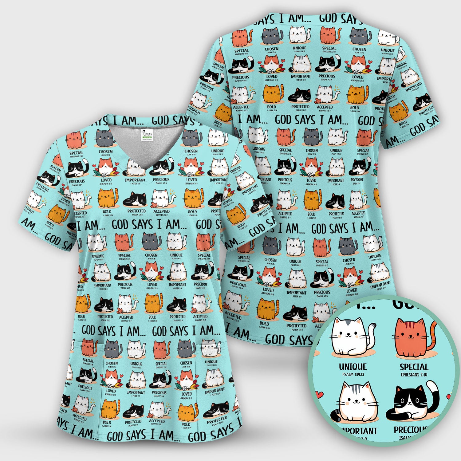 Cute Christian Cat God Says I Am Scrub Top, Comfortable Scrubs for Nurses
