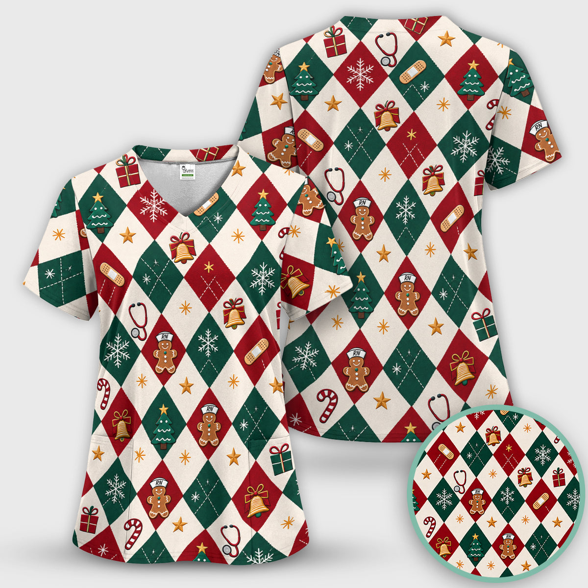Christmas Gingerbread Nurse Argyle Scrub Top, Comfortable Scrubs for Nurses