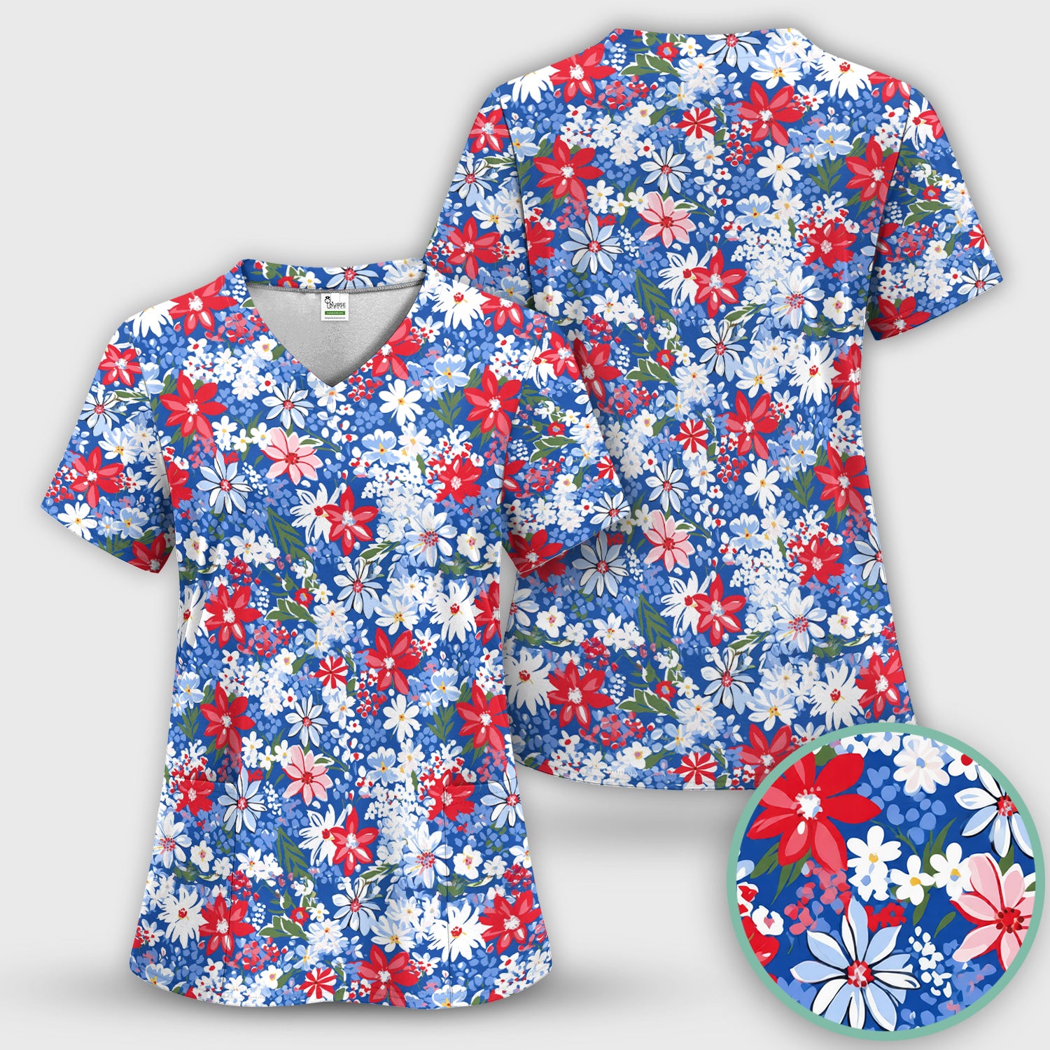 Patriotic Red White Blue Floral Garden Print Scrub Top, Comfortable Scrubs for Nurses