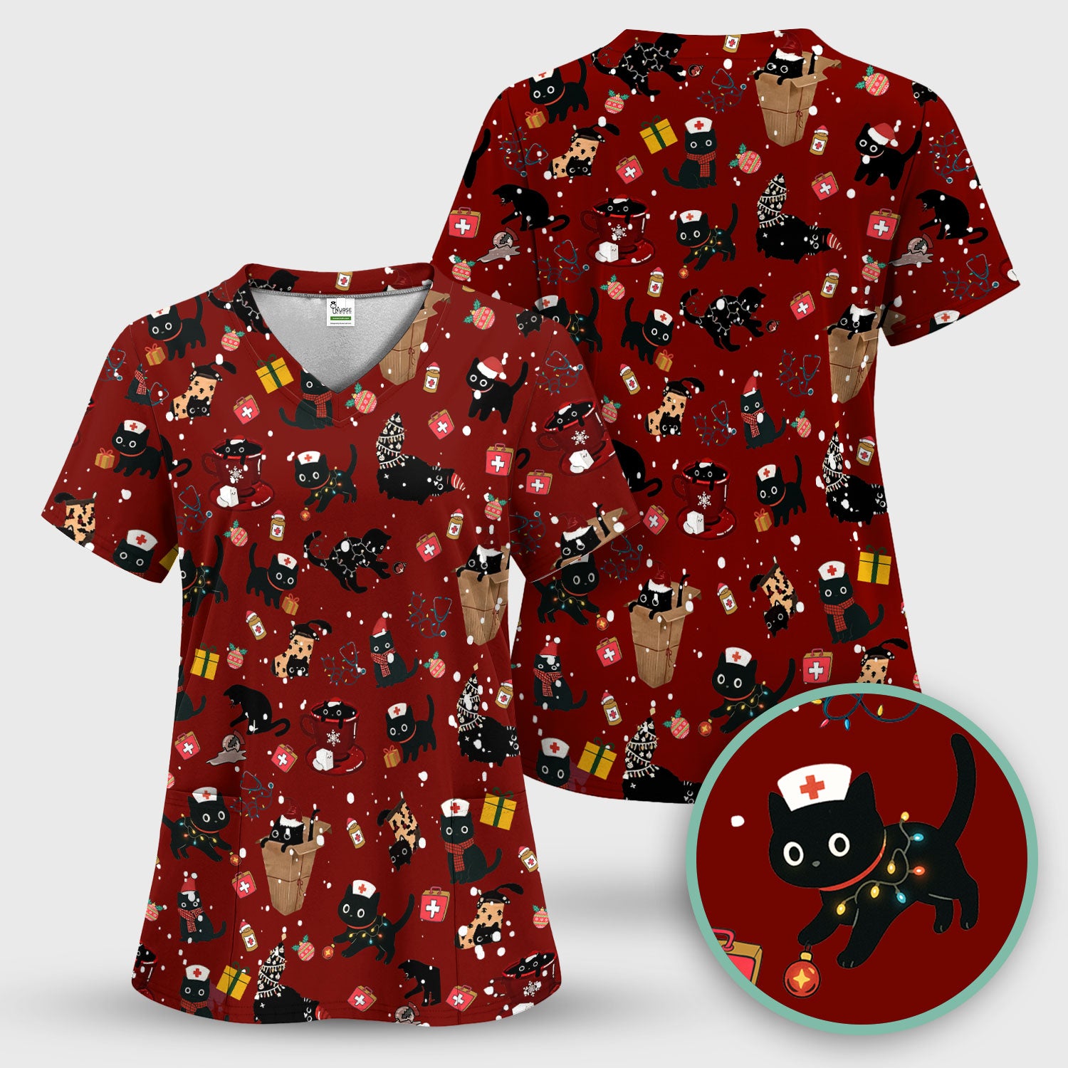 Funny Cat Scrub for Women - Christmas Black Cats Comfortable Scrubs for Nurses - Breathable Fabrics Nursing Uniform