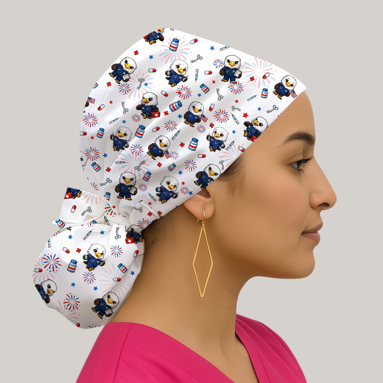 Patriotic Nurse Eagle Fireworks Medical Pattern Cap, Bouffant Scrub Caps for Women