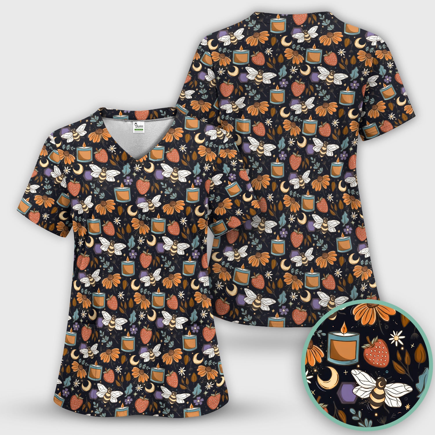 Bee Strawberry Floral Candle Pattern Scrub Set, Scrub Pants and V Neck Top