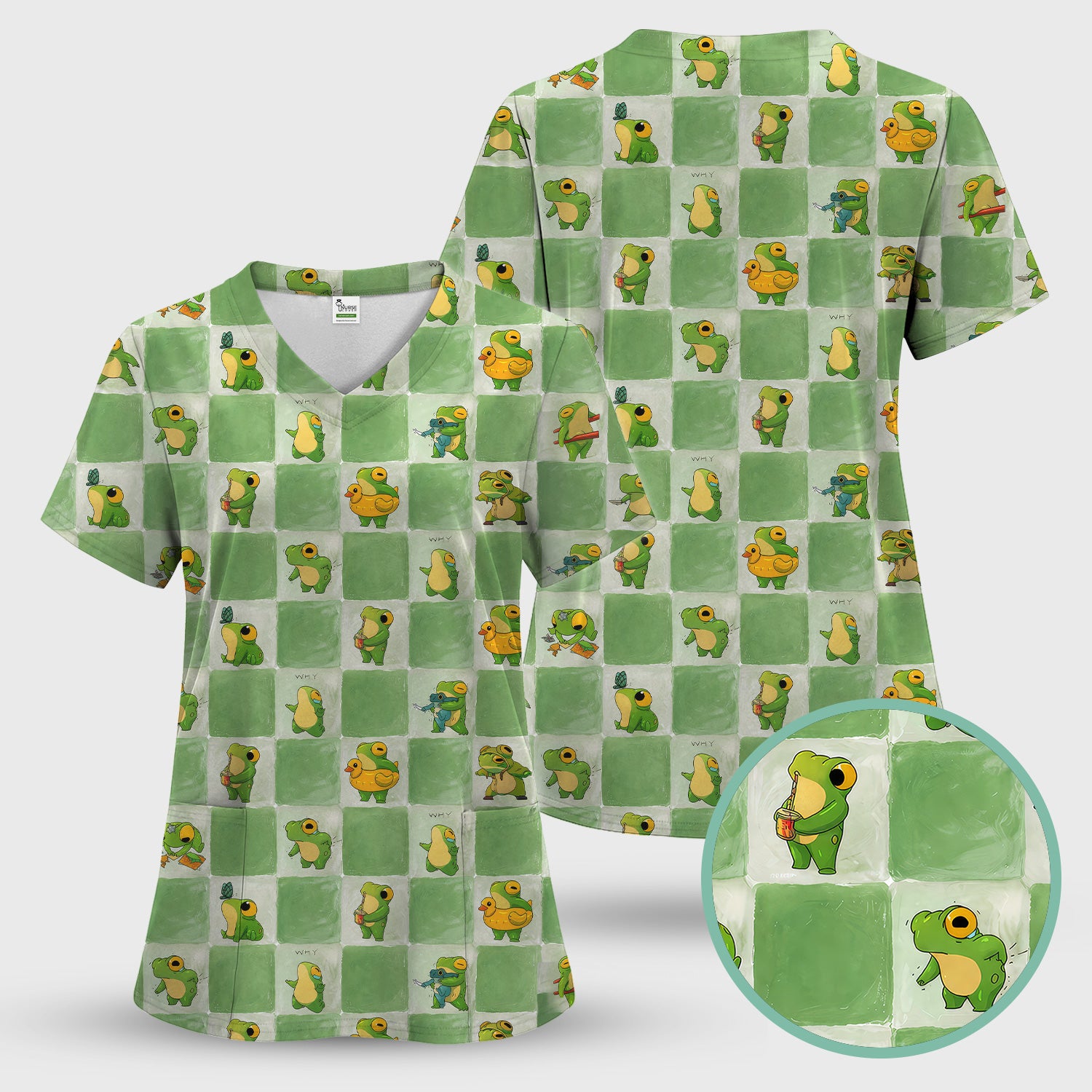 Cute Frog Duck Checkerboard Pattern Scrub Top, Breathable Fabrics Nursing Uniform