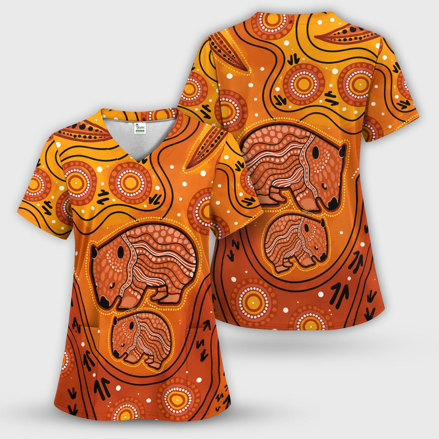 Australian Aboriginal Wombat Family Art Pattern Scrub Top, Comfortable Scrubs for Nurses