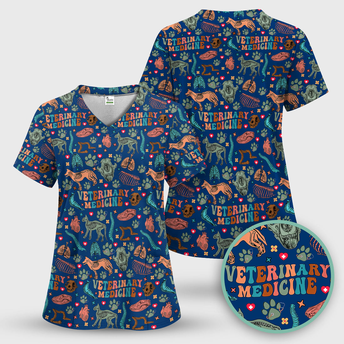 Vet Tech Scrub Top - Veterinary Medicine Pattern - Animal Medical Uniform for Women Nurse Gift