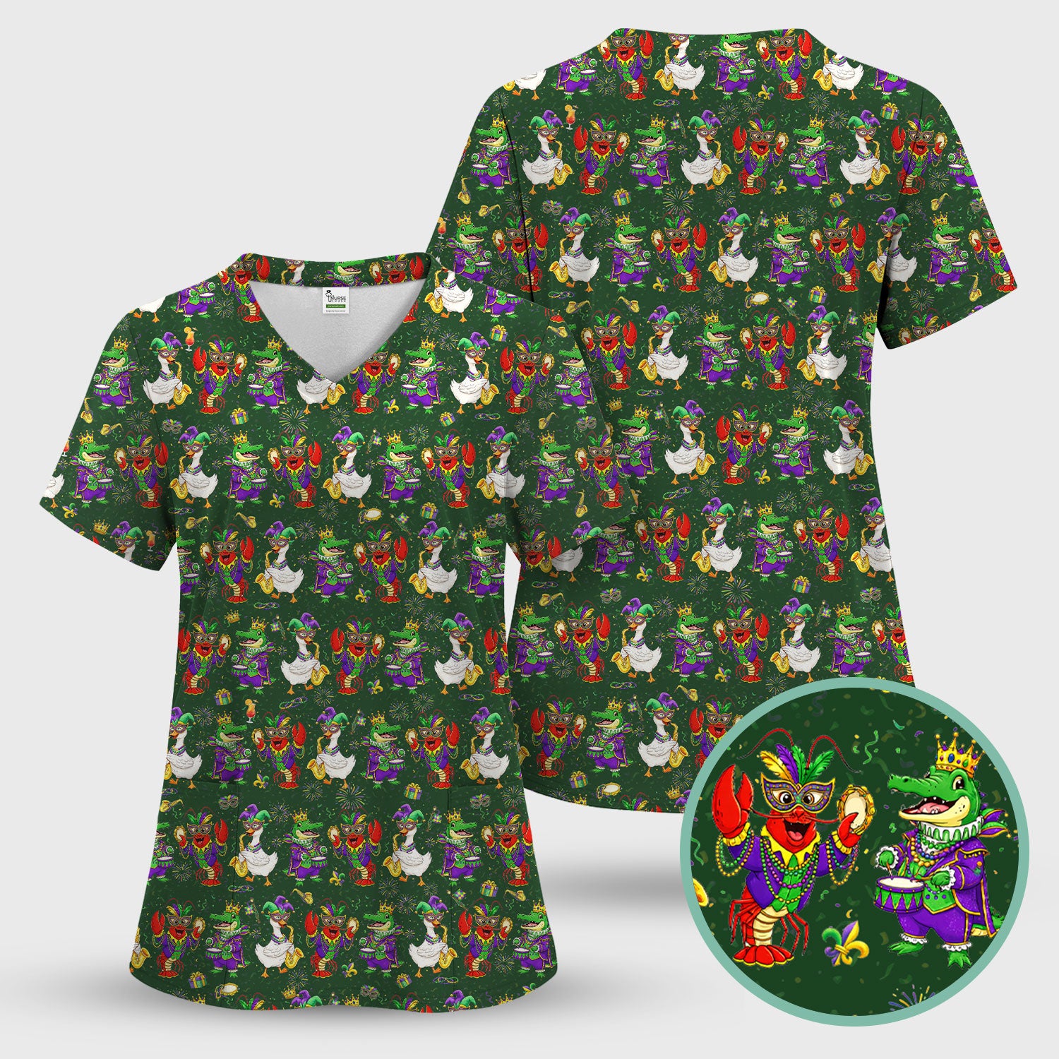 Crawfish And Duck Carnival Scrub Top, Mardi Gras Parade Pattern Nurse Shirt, Breathable Fabrics Nursing Uniform