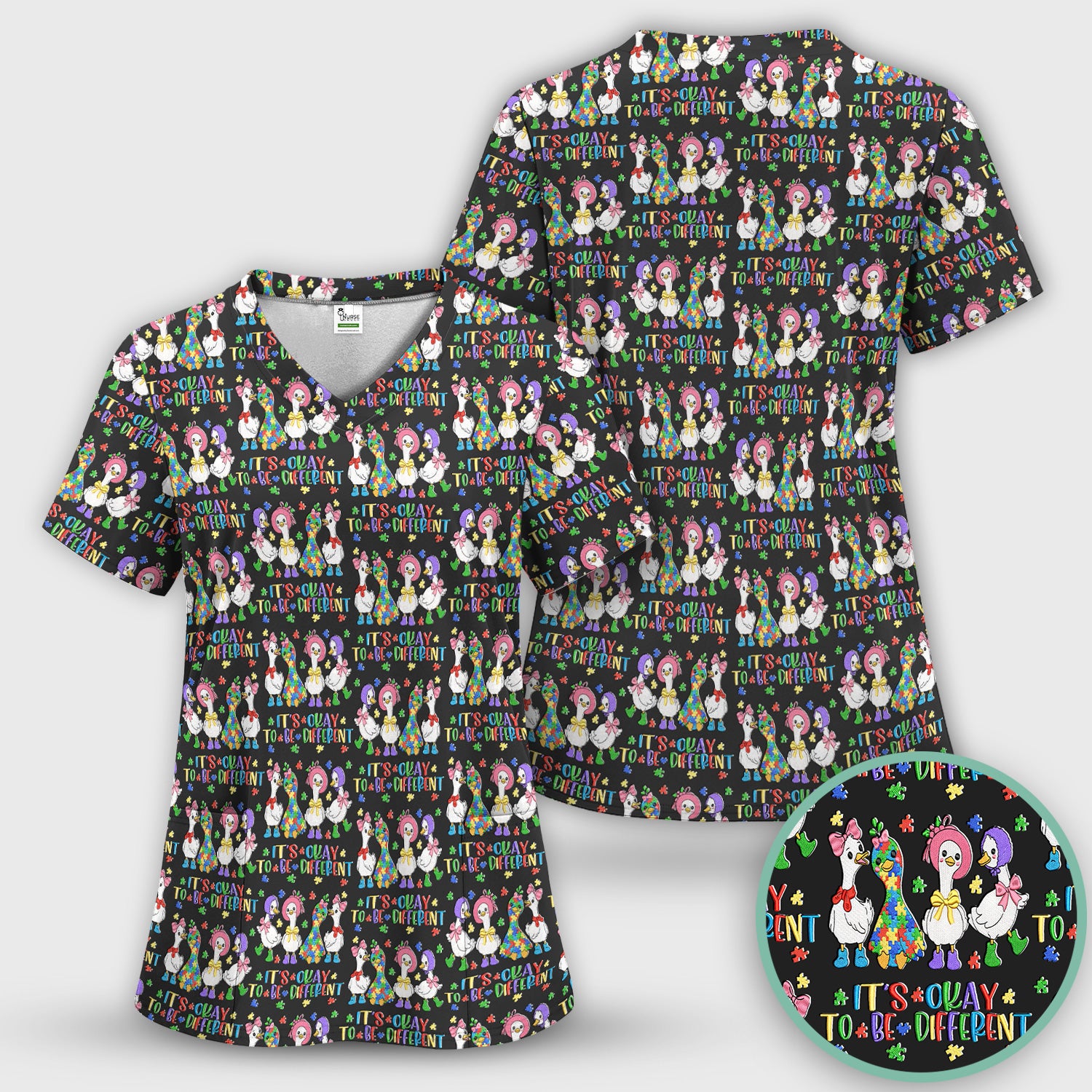 It’s Okay To Be Different Duck Pattern Scrub Top, Comfortable Scrubs For Nurses