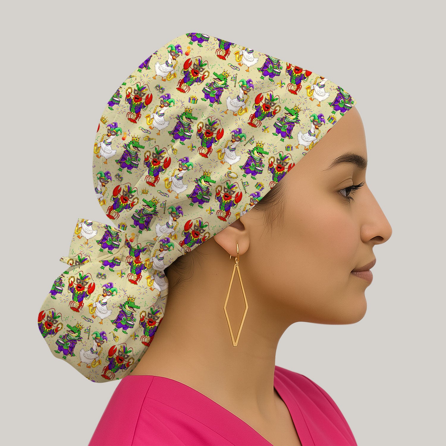 Crawfish And Duck Carnival Scrub Cap, Mardi Gras Parade Pattern Nurse Hat, Breathable Fabrics Nursing Uniform