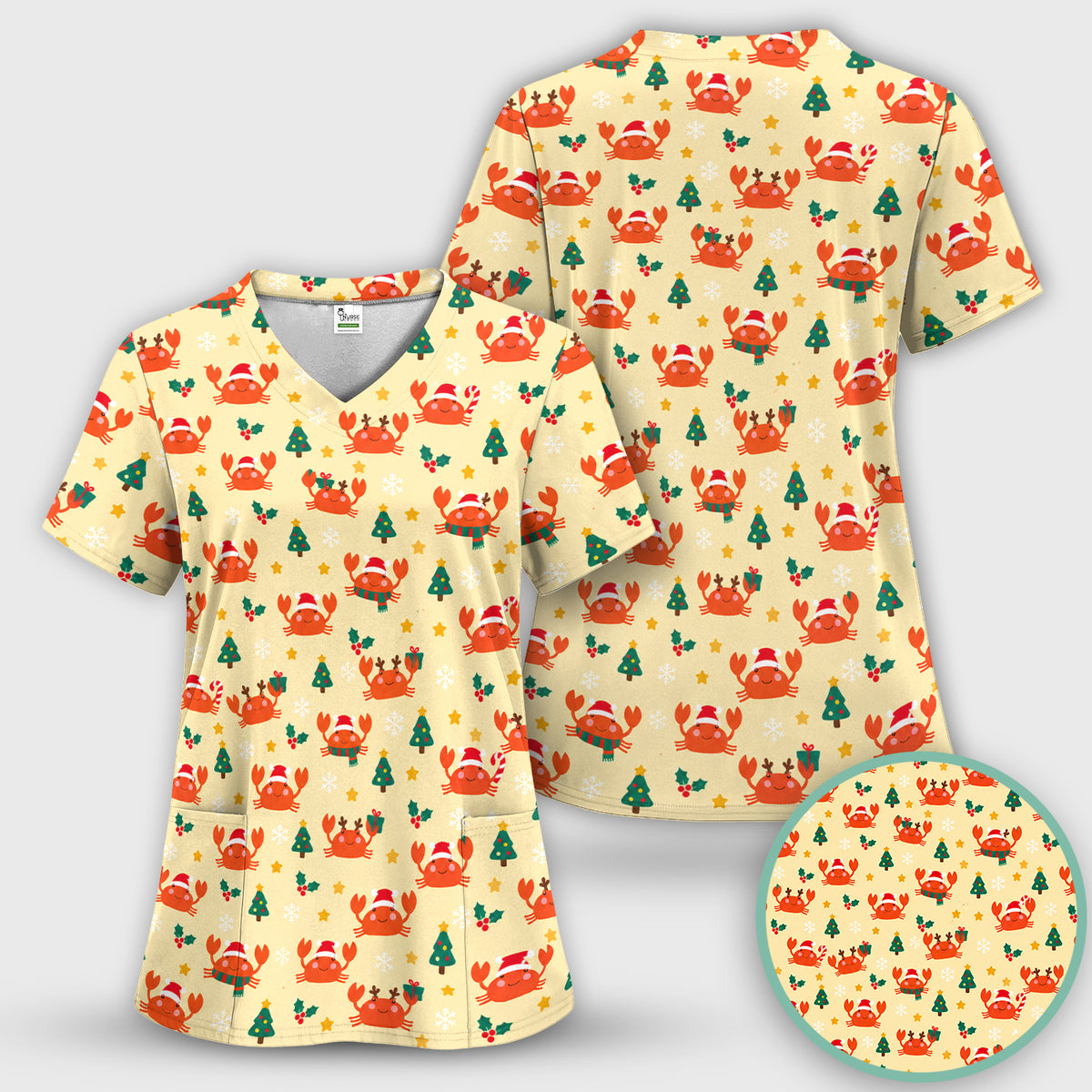 Christmas Crabs And Trees Pattern Scrub Set, Scrub Pants and V Neck Top