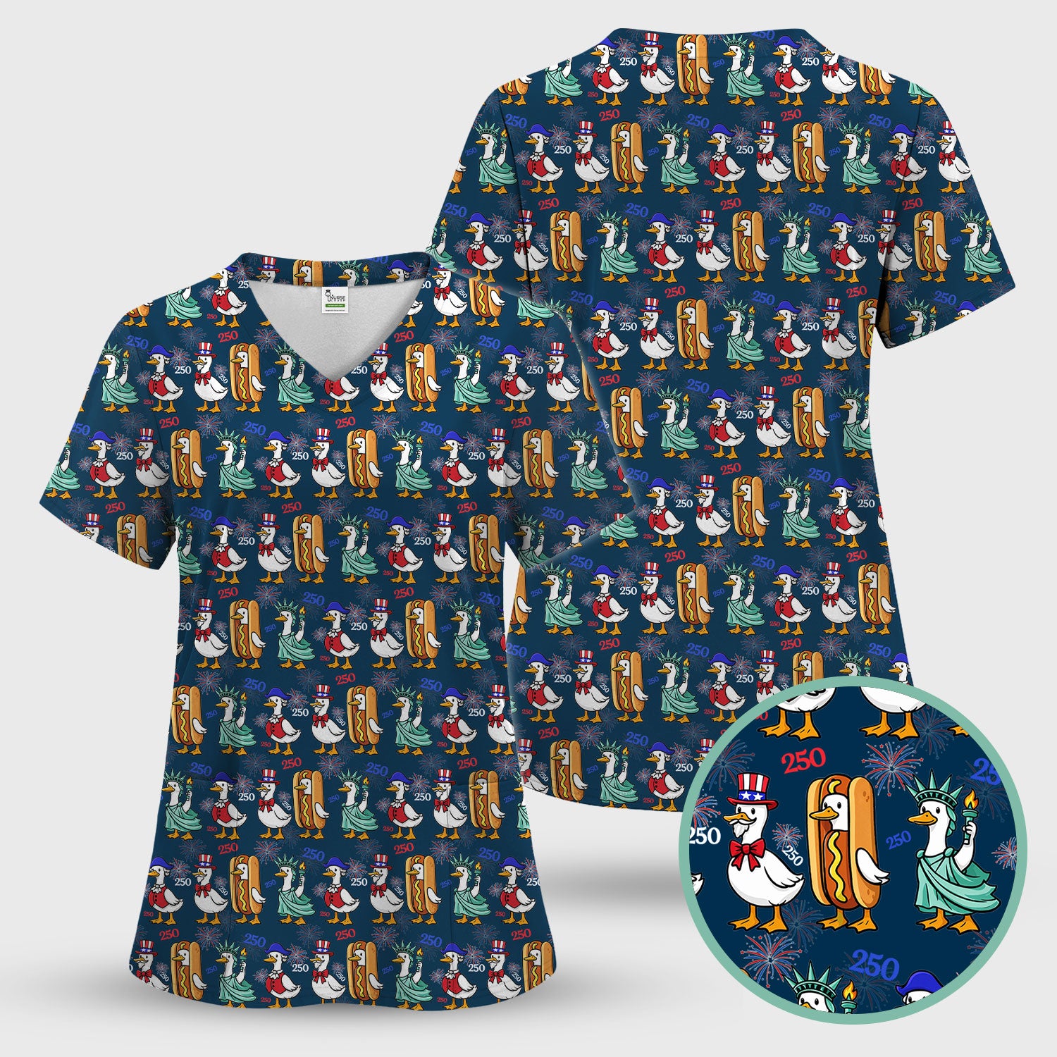 Patriotic Duck Independence Day Pattern Scrub Set, Scrub Pants and V Neck Top
