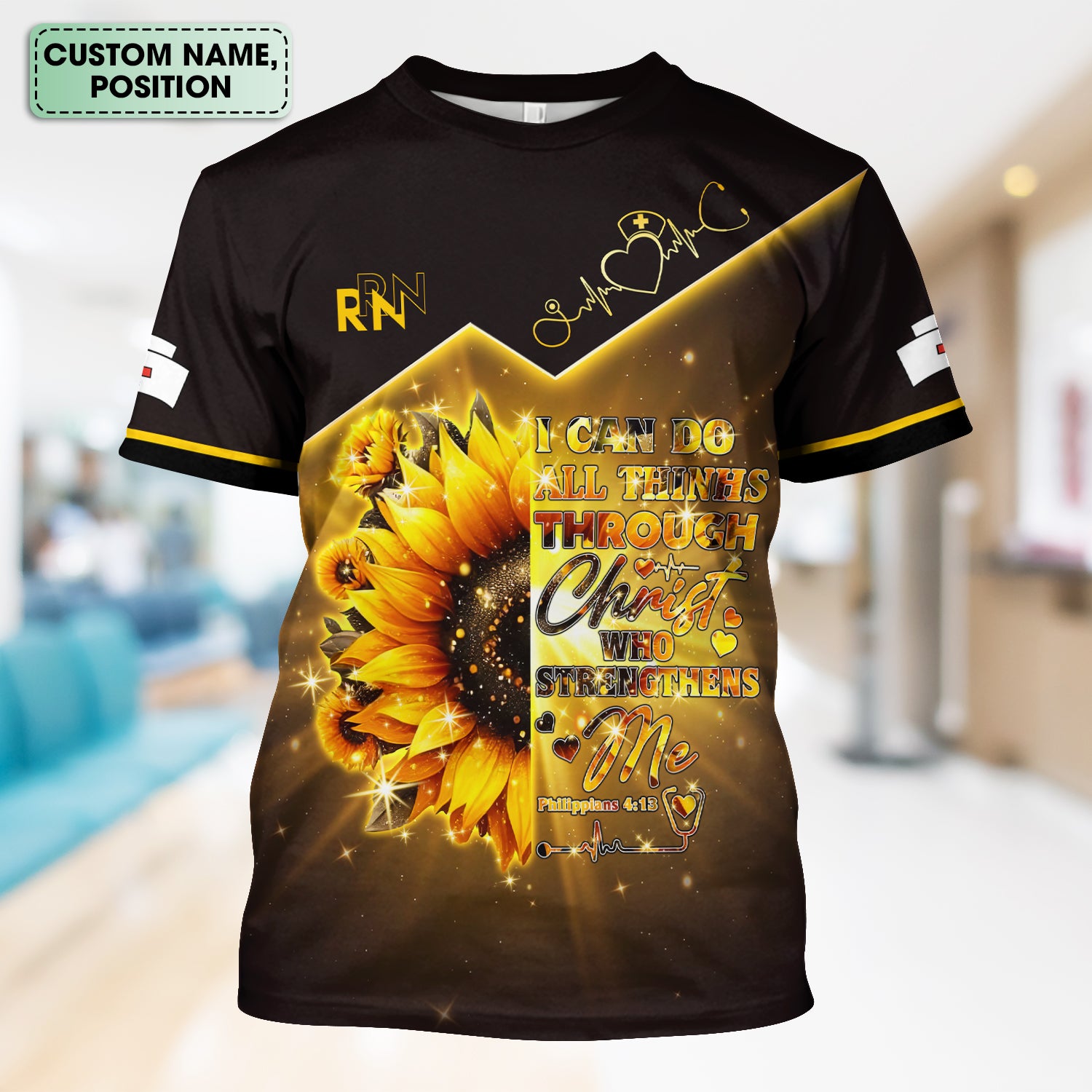 Custom Faith Nurse Scrub Top - All Things Through Christ Bible Verse - Christian Nurses RN LPN CNA Gift