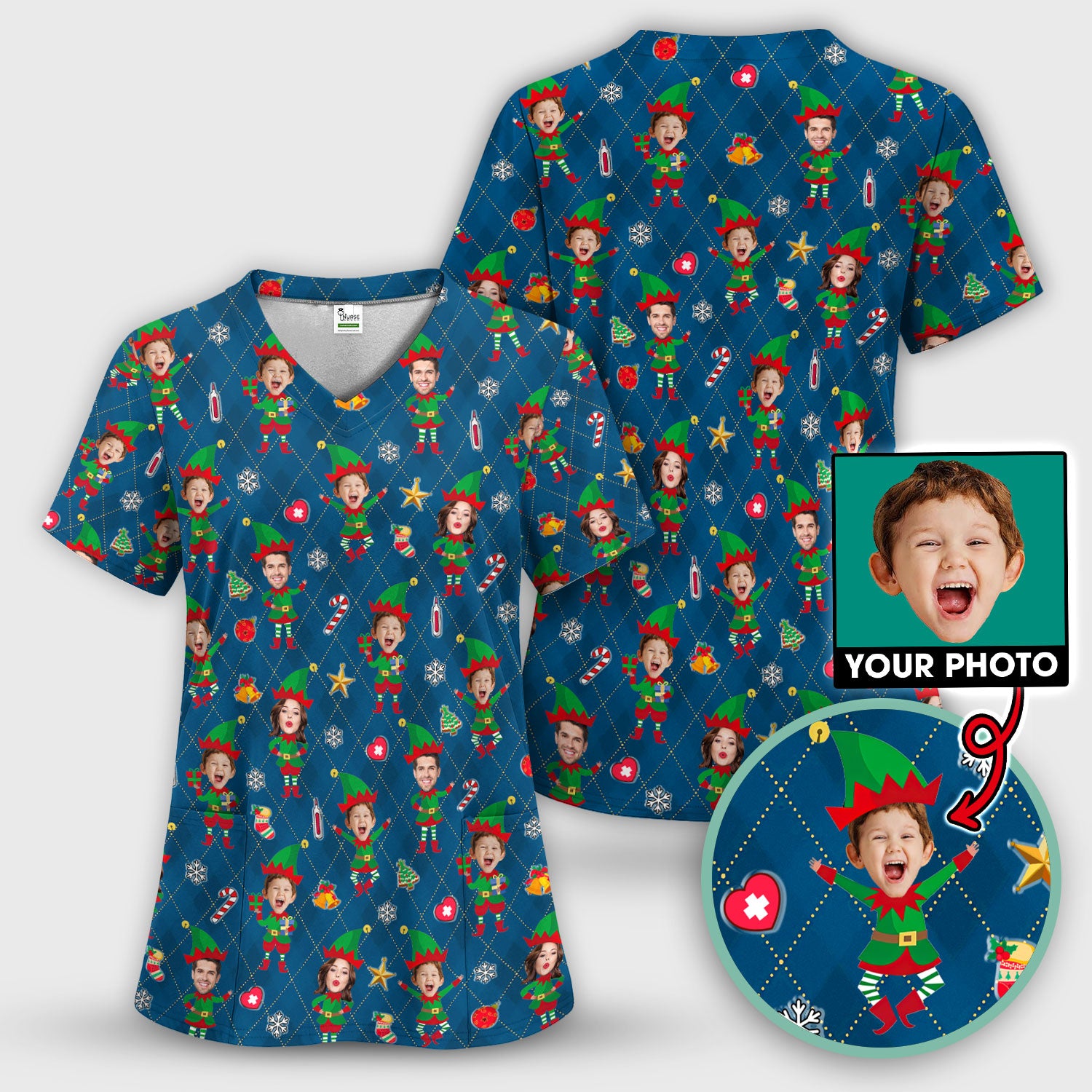 Personalized Face Nurse Shirt, Custom Photo Christmas Scrub Top, Funny Holiday Medical Uniform For Nursing