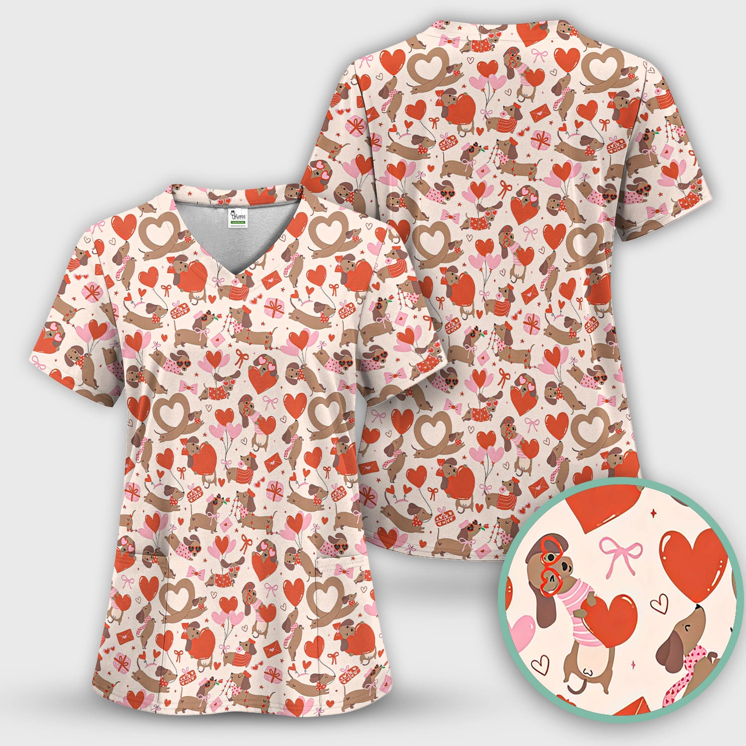Cute Dachshund Valentine Medical Pattern Scrub Set, Scrub Pants and V Neck Top