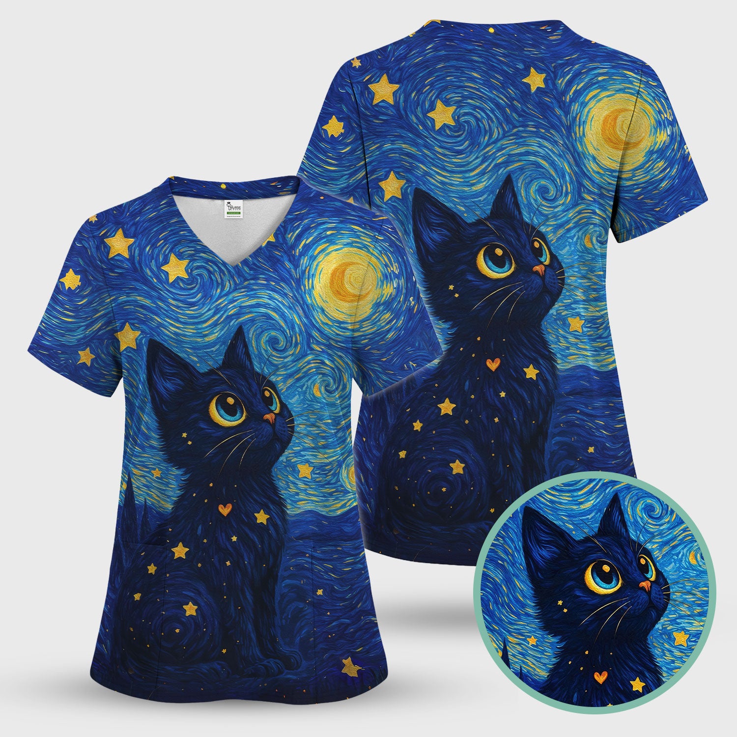 Black Cat Starry Night Pattern Scrub Top, Comfortable Scrubs for Nurses