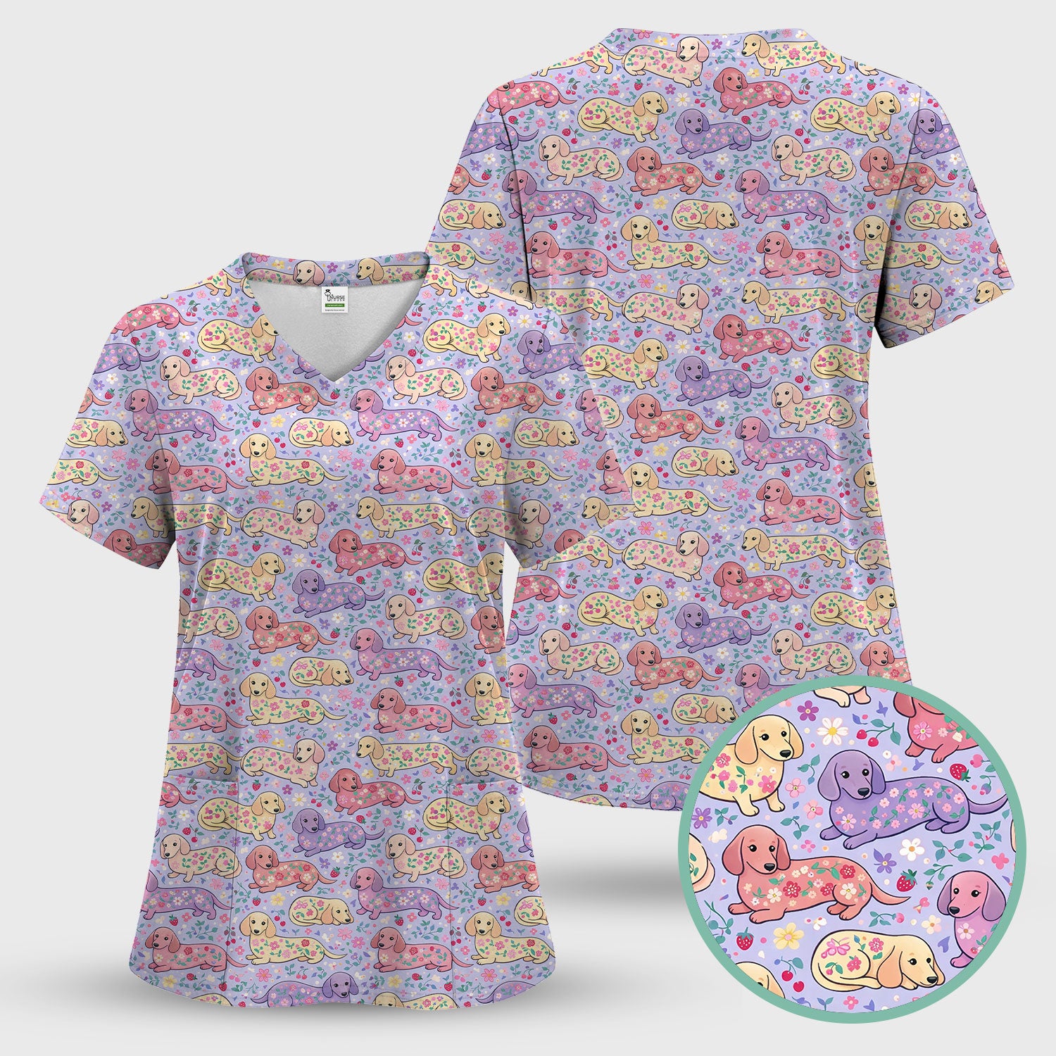 Cute Dachshund Floral Pattern Scrub Set, Scrub Pants and V Neck Top