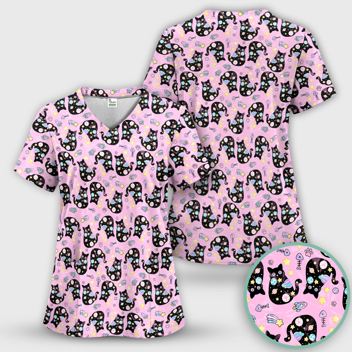 Galaxy Black Cat Space Pattern Scrub Top, Breathable Fabrics Nursing Uniform