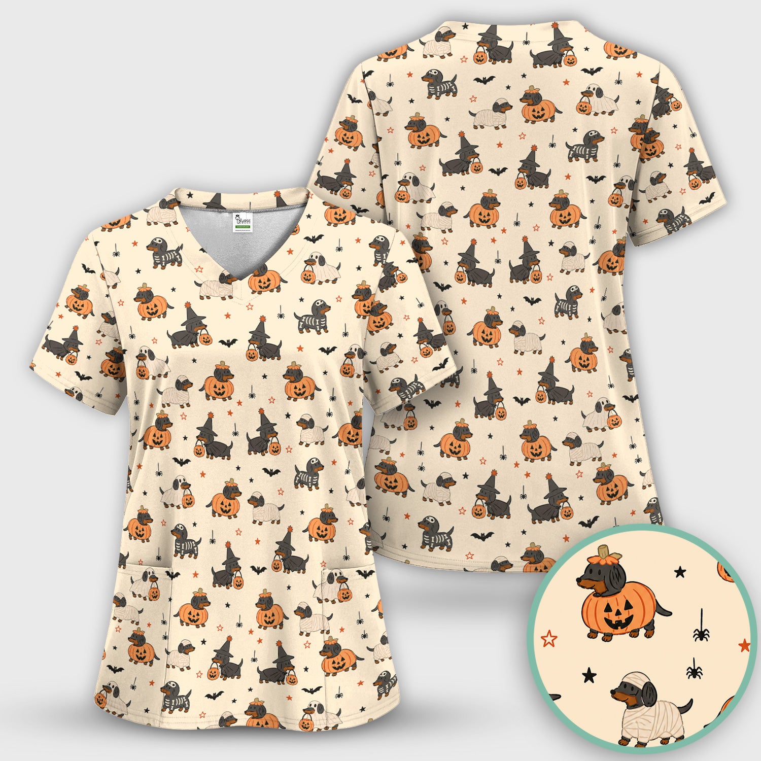 Halloween Dachshund Pattern Scrub Top, Comfortable Scrubs for Nurses