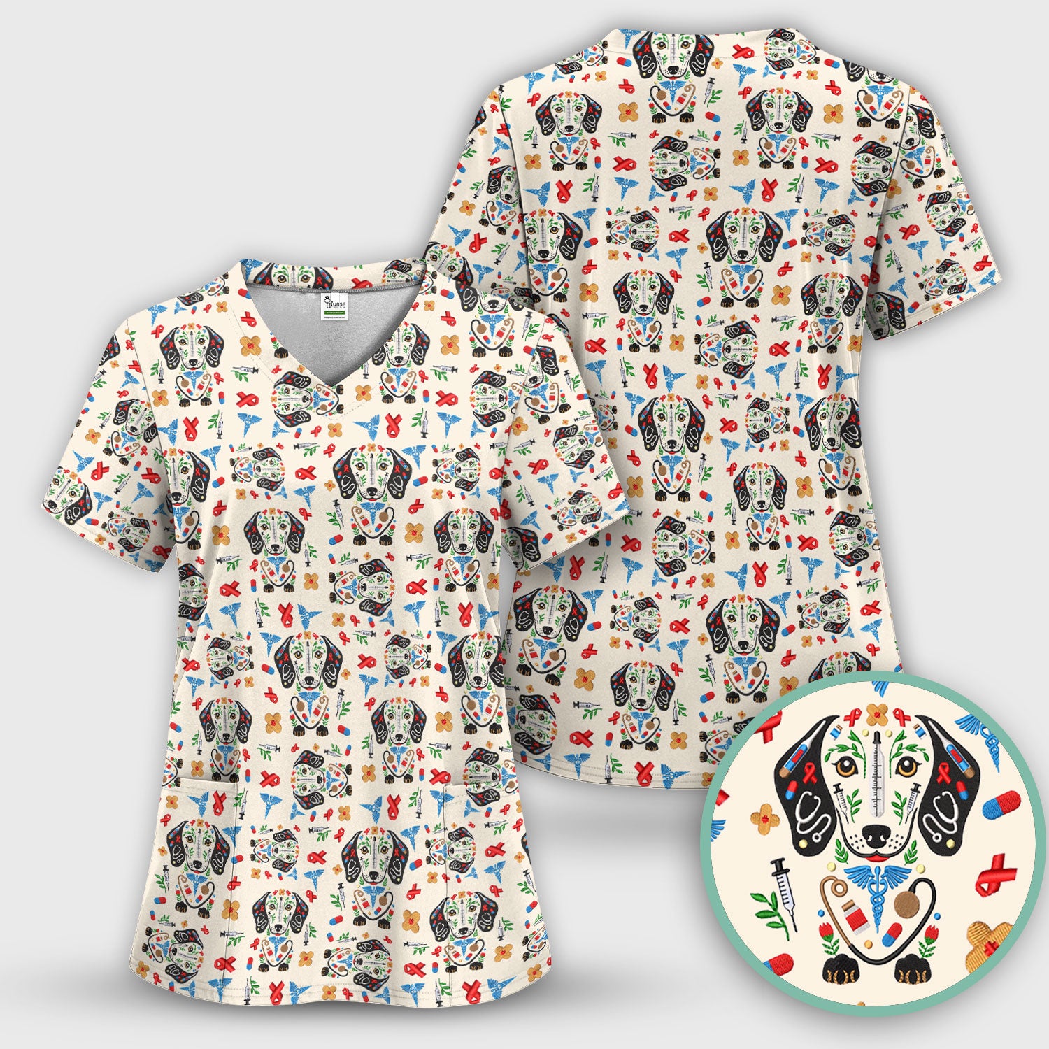 Dachshund Medical Icon Pattern Scrub Top, Comfortable Scrubs for Nurses